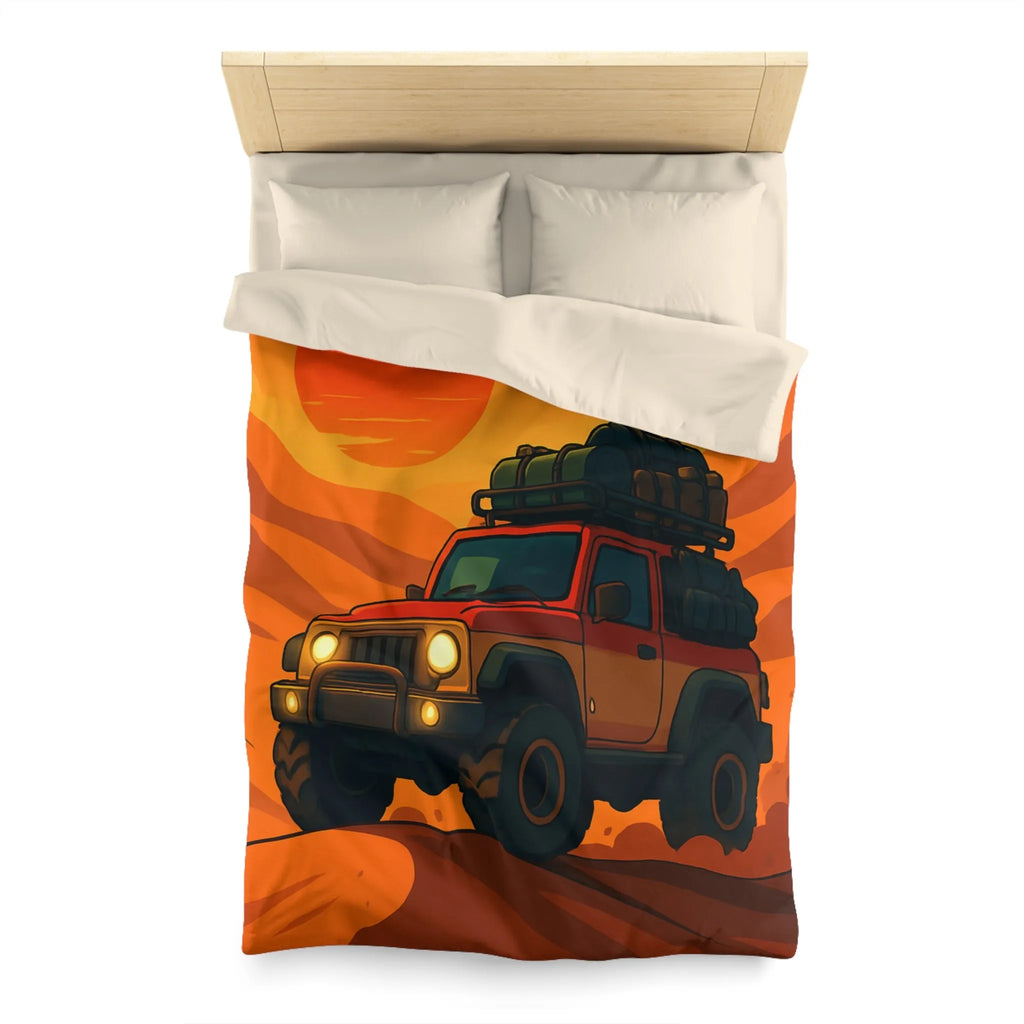 Housse de couette aventure désert rouge avec 4x4 et coucher de soleil éclatant