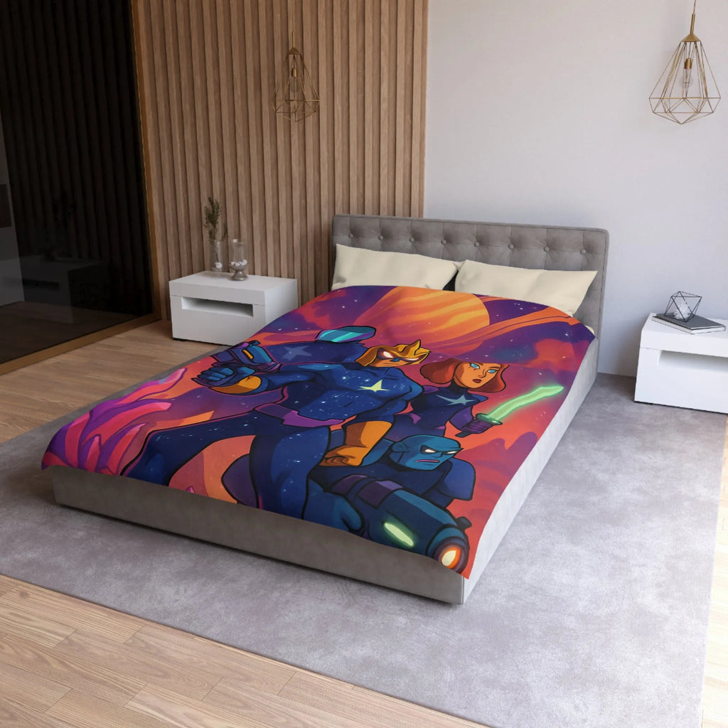 Équipe de héros galactiques armés dans une scène spatiale vibrante avec cristaux