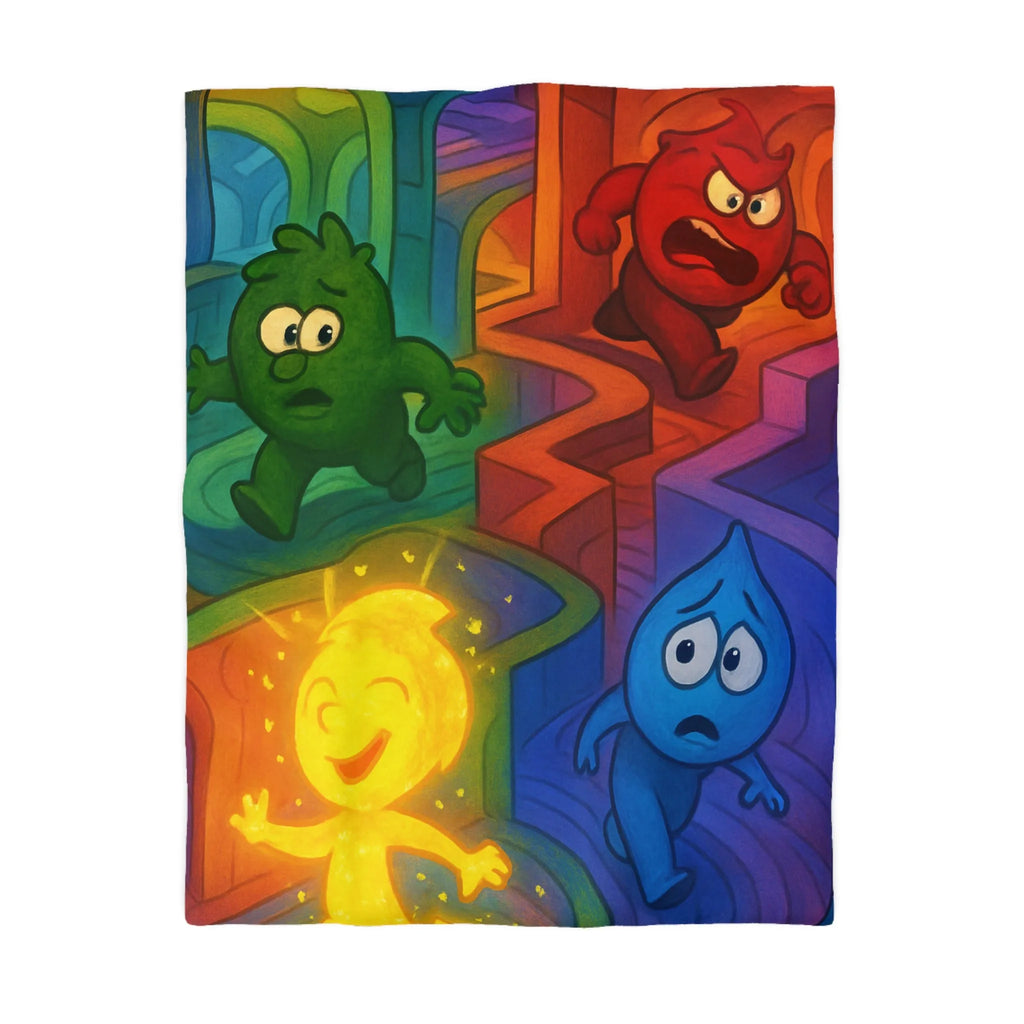 Colorée housse de couette avec personnages émotionnels en rouge, bleu, vert et jaune