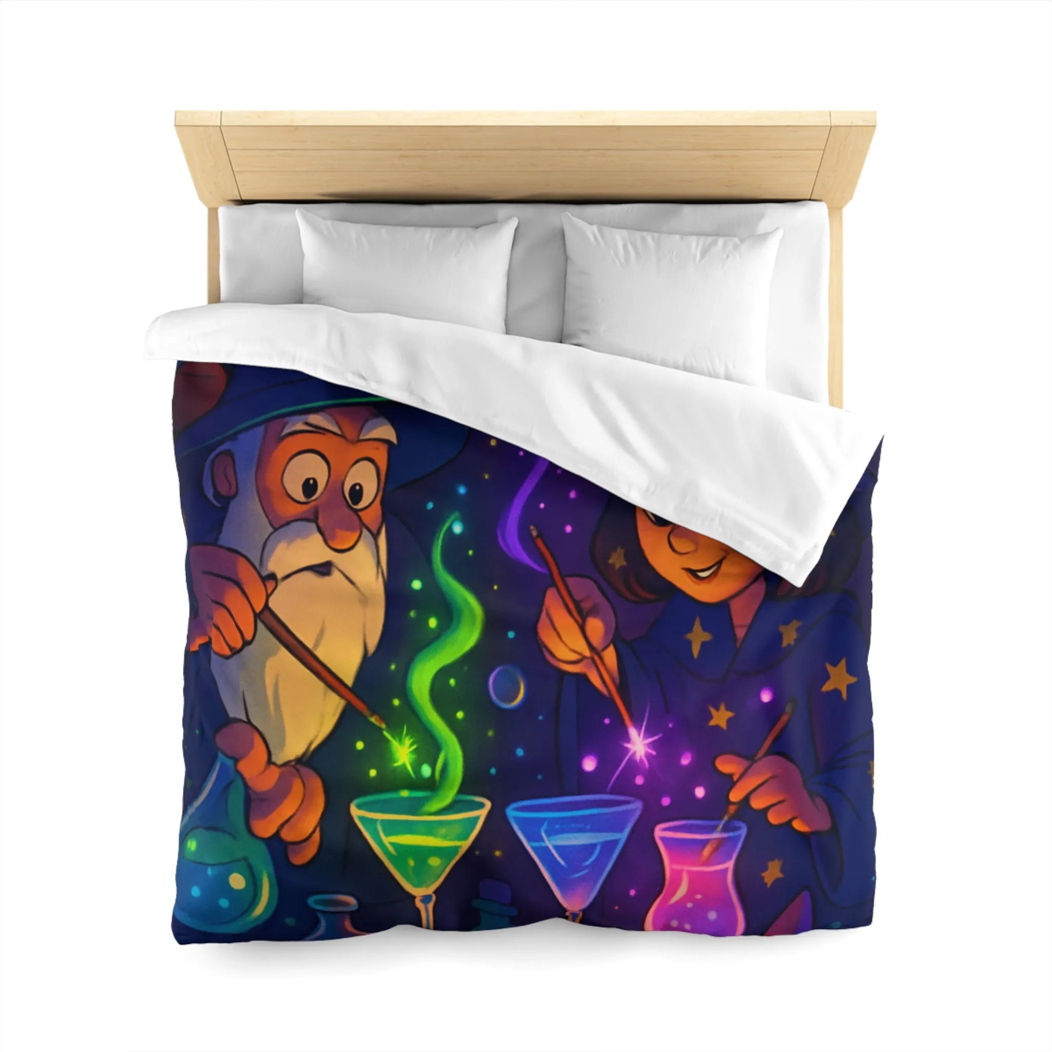 Housse de couette magique avec sorciers et potions dans un atelier enchanteur
