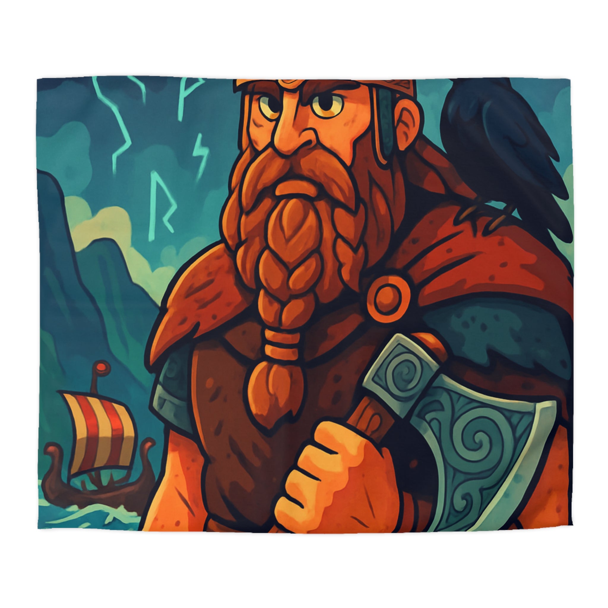 Housse de Couette Viking Épique avec Corbeau Mystique et Mer Orageuse Nordique