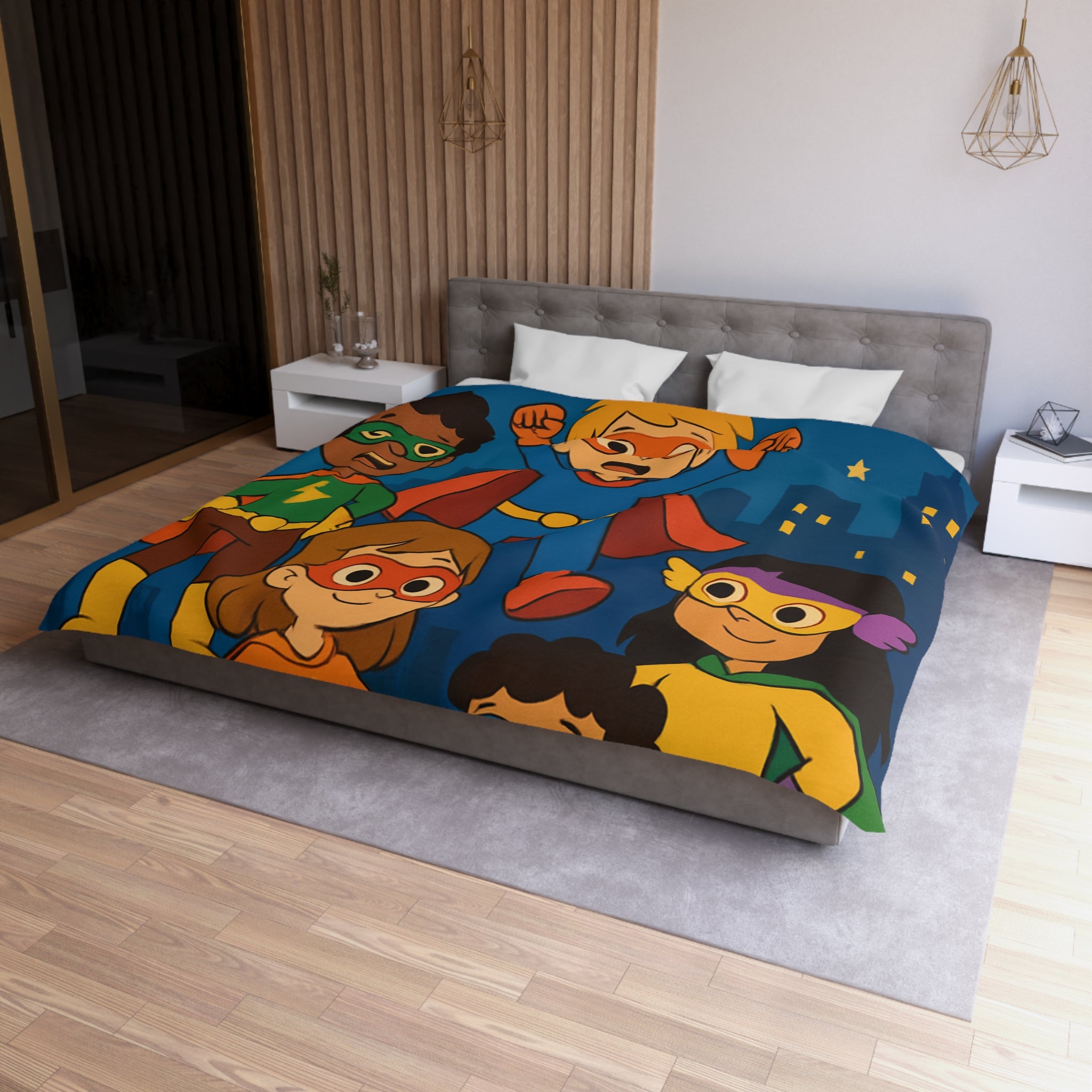 Super-héros Enfants Volant Nuit Ciel Étoilé Ville Amis Confiants Housse de Couette Colorée