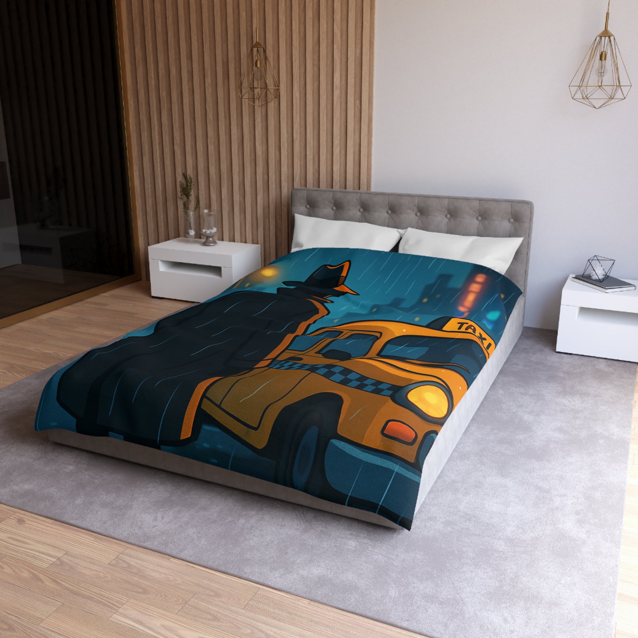 Mystérieux Homme En Imper Parapluie Noir Attendant Taxi Jaune Sous Pluie Urbaine Nocturne