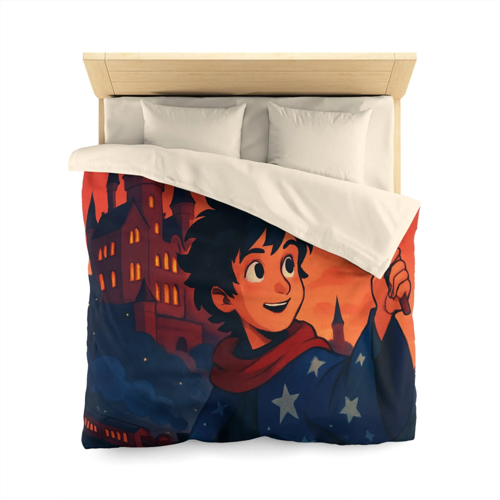 Housse de Couette Enfant Magie Château Nuit Feu d'Artifice Dragon et Hibou
