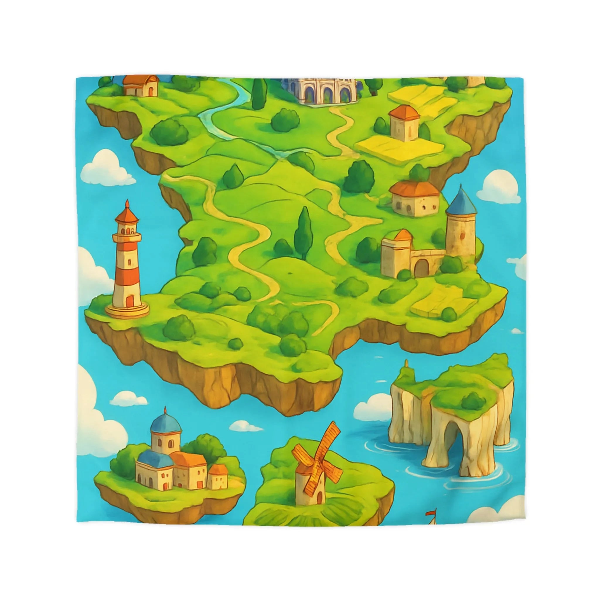 Housse de Couette Fantaisie Île Flottante Paysage Coloré Mer Moulins et Phare