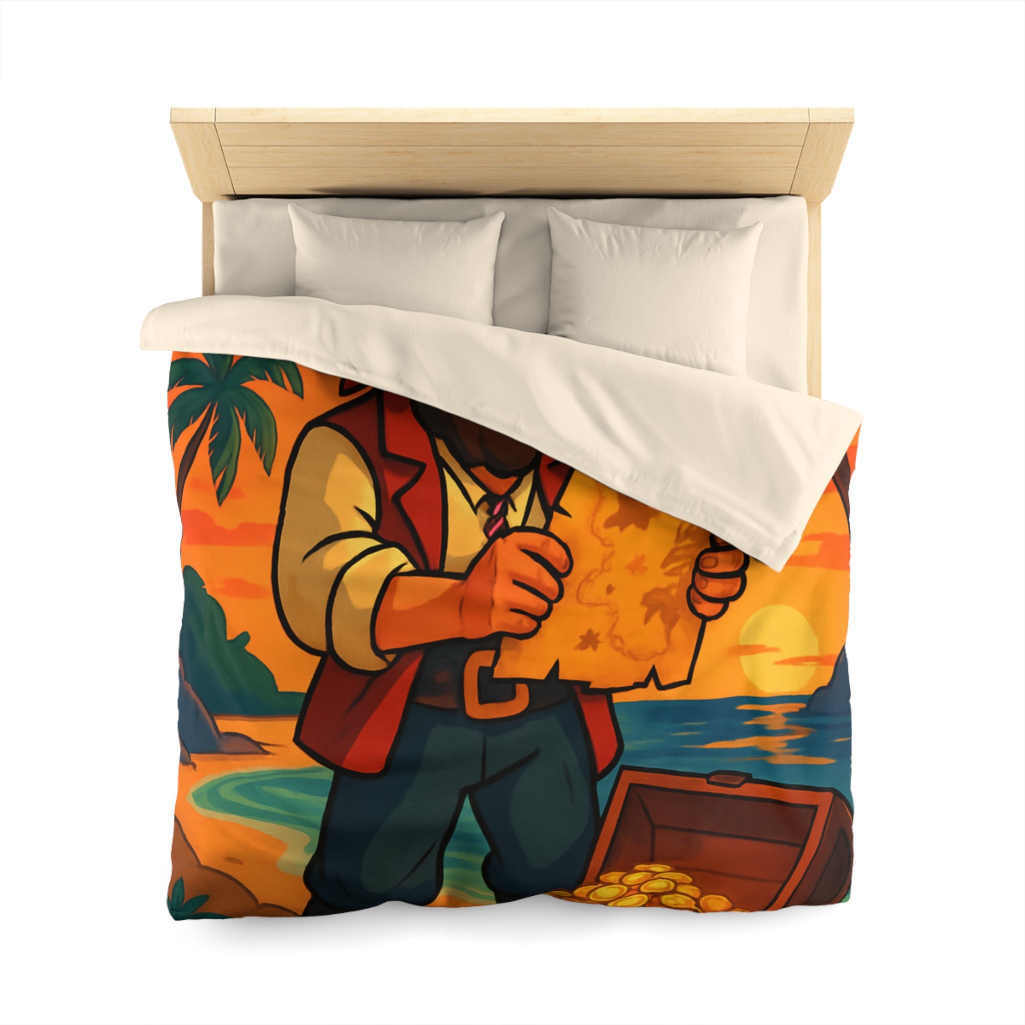 Housse de couette pirate avec coffre au trésor, carte ancienne et palmiers tropicaux