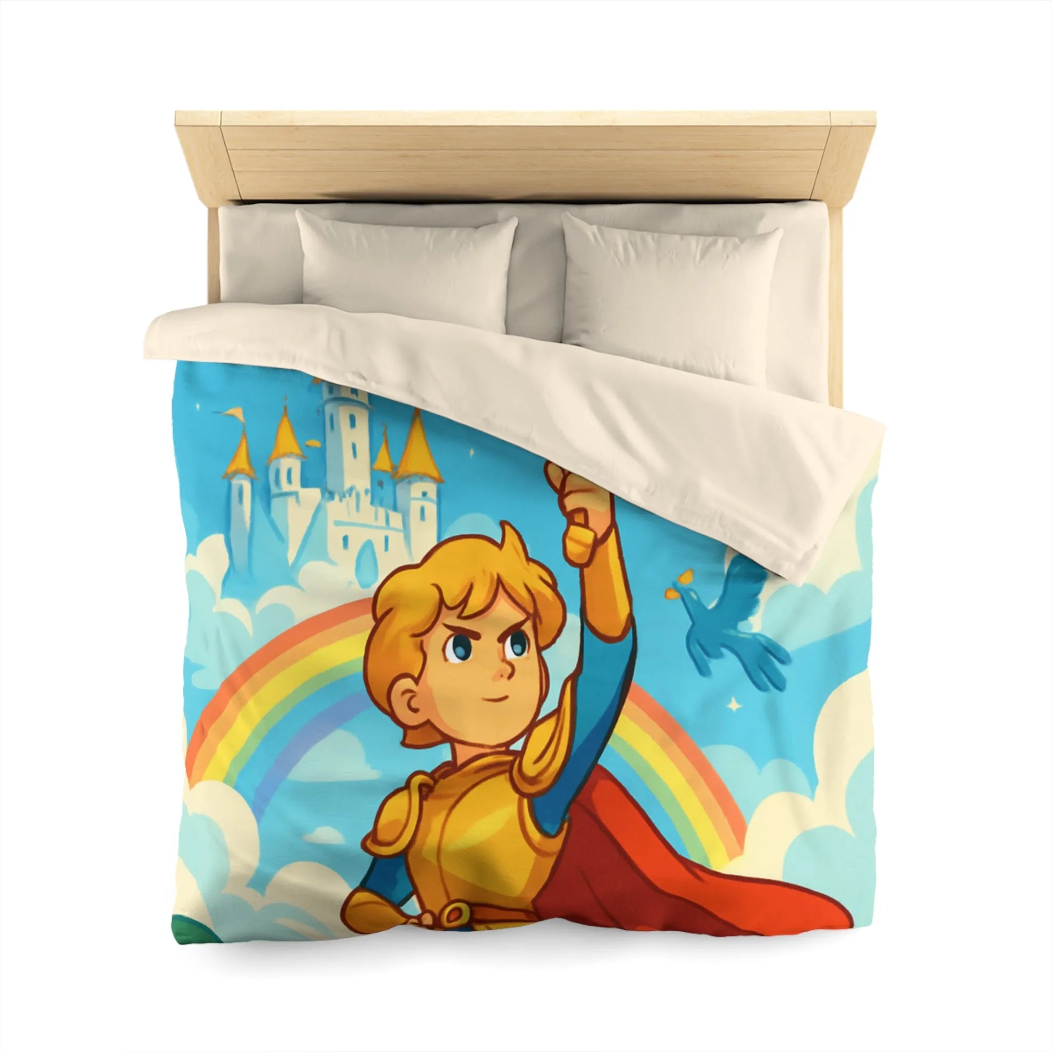 Housse de couette avec chevalier héroïque, arc-en-ciel et château féerique, thème aventure