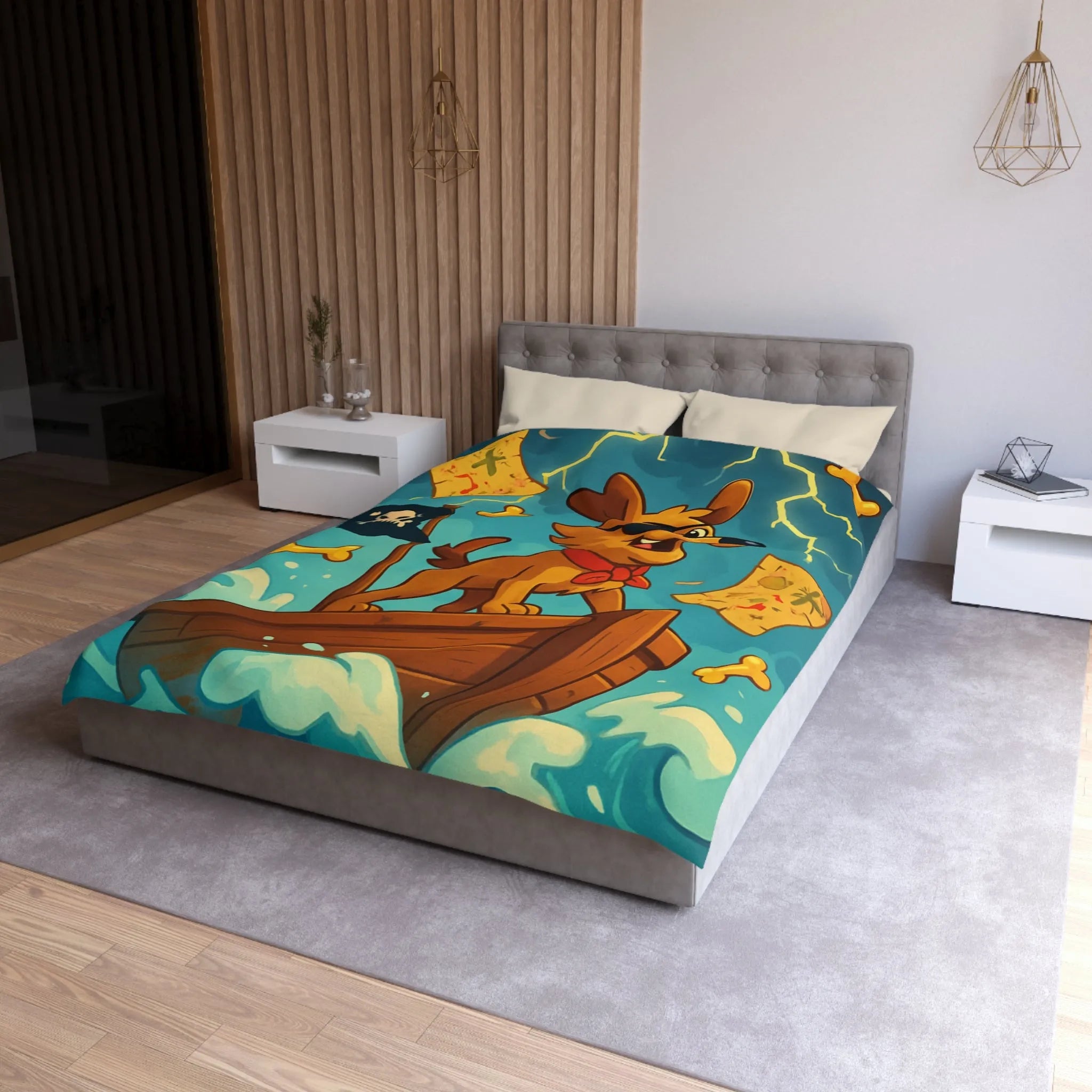Housse de couette avec chien pirate, mer agitée, cartes et os flottants