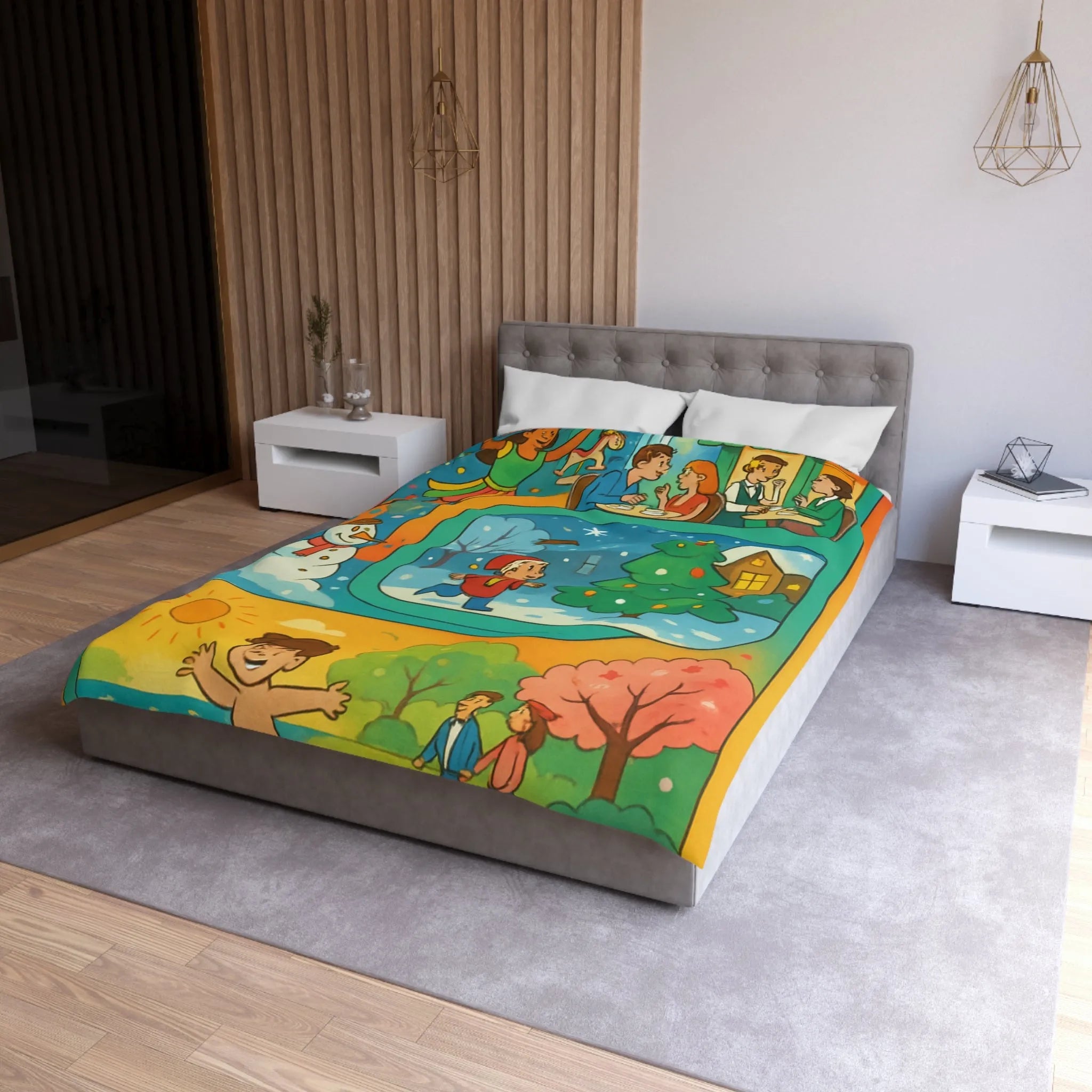 Housse de couette colorée illustrant quatre saisons et festivités pour enfants