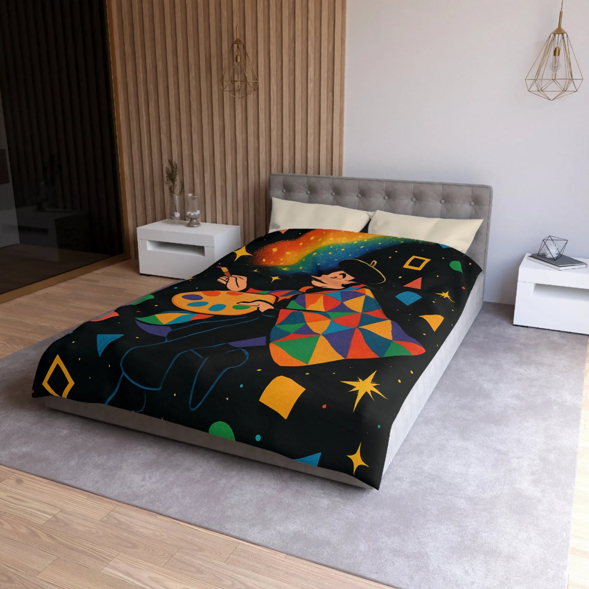 Housse de couette artiste colorée avec motifs géométriques et ciel étoilé magique