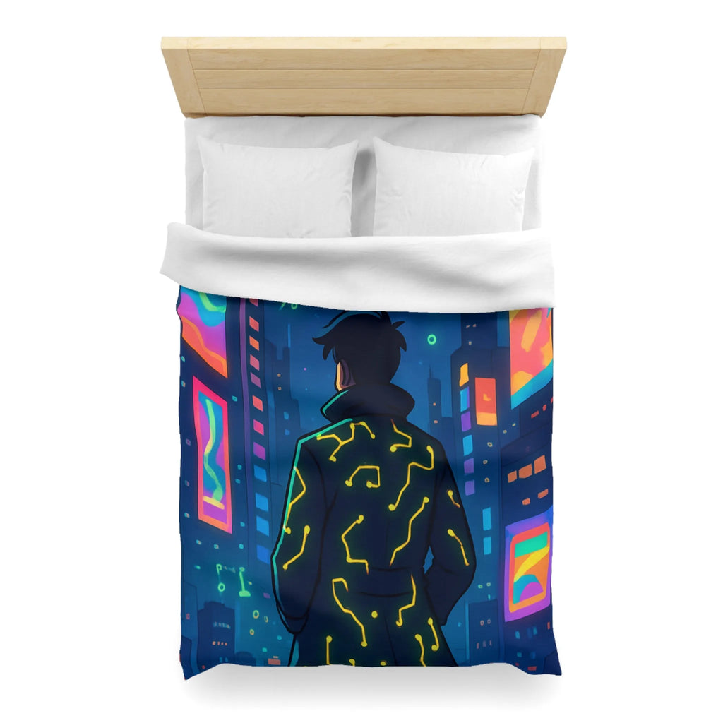 Housse de couette futuriste avec affichage numérique néon dans une ville cyberpunk