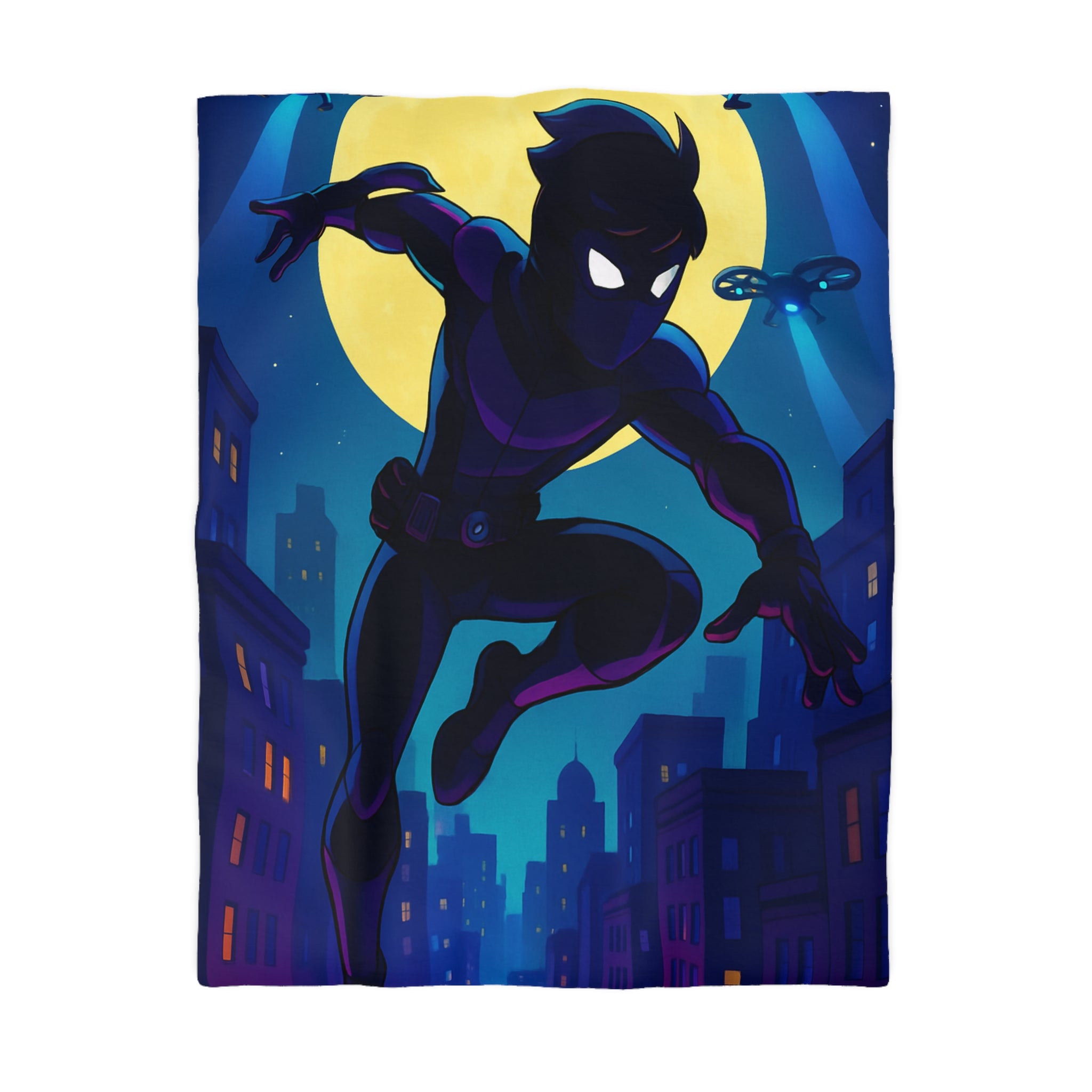 Housse de couette super-héros noir sautant devant une pleine lune et des drones urbains