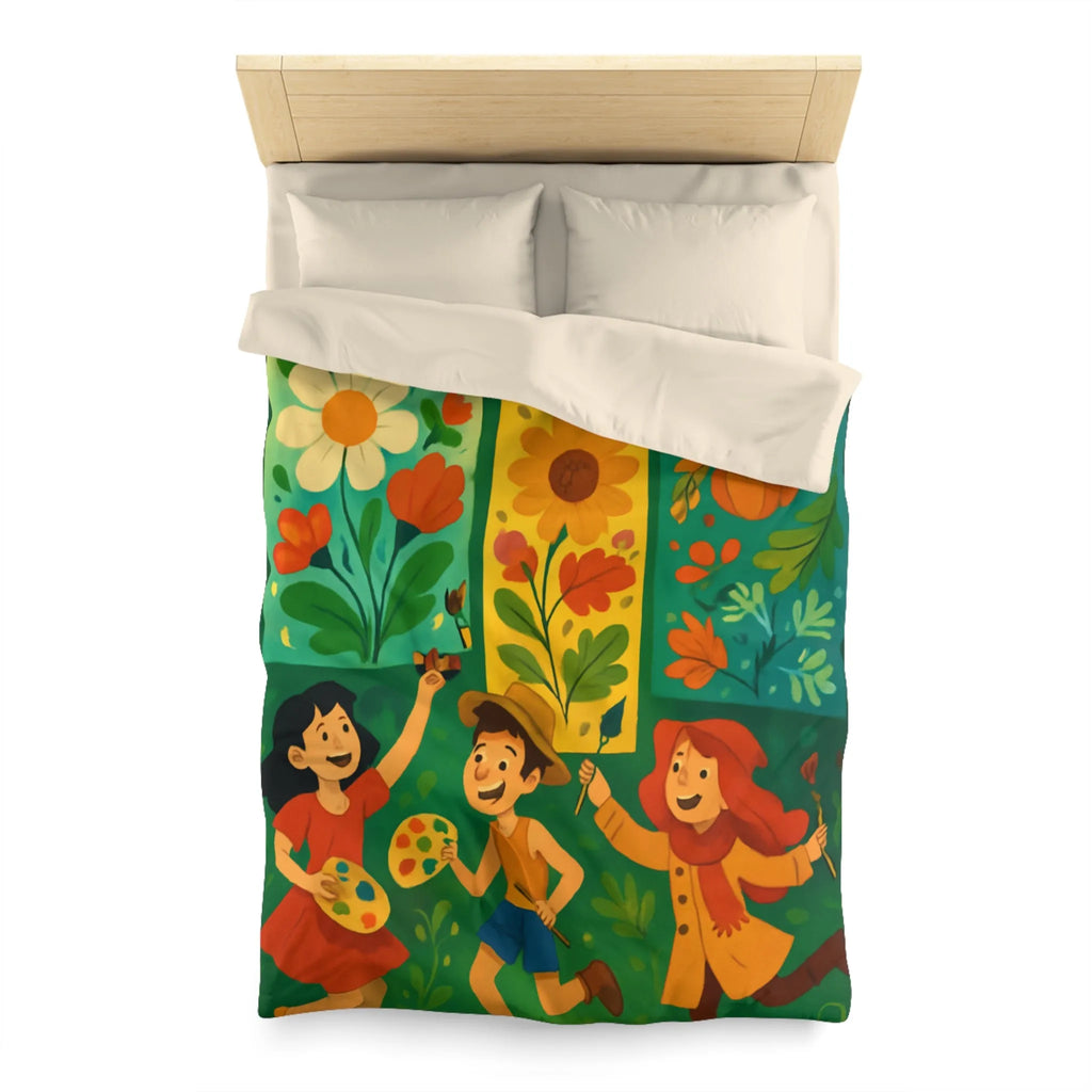 Housse de couette colorée avec design floral et personnages ludiques pour chambre joyeuse