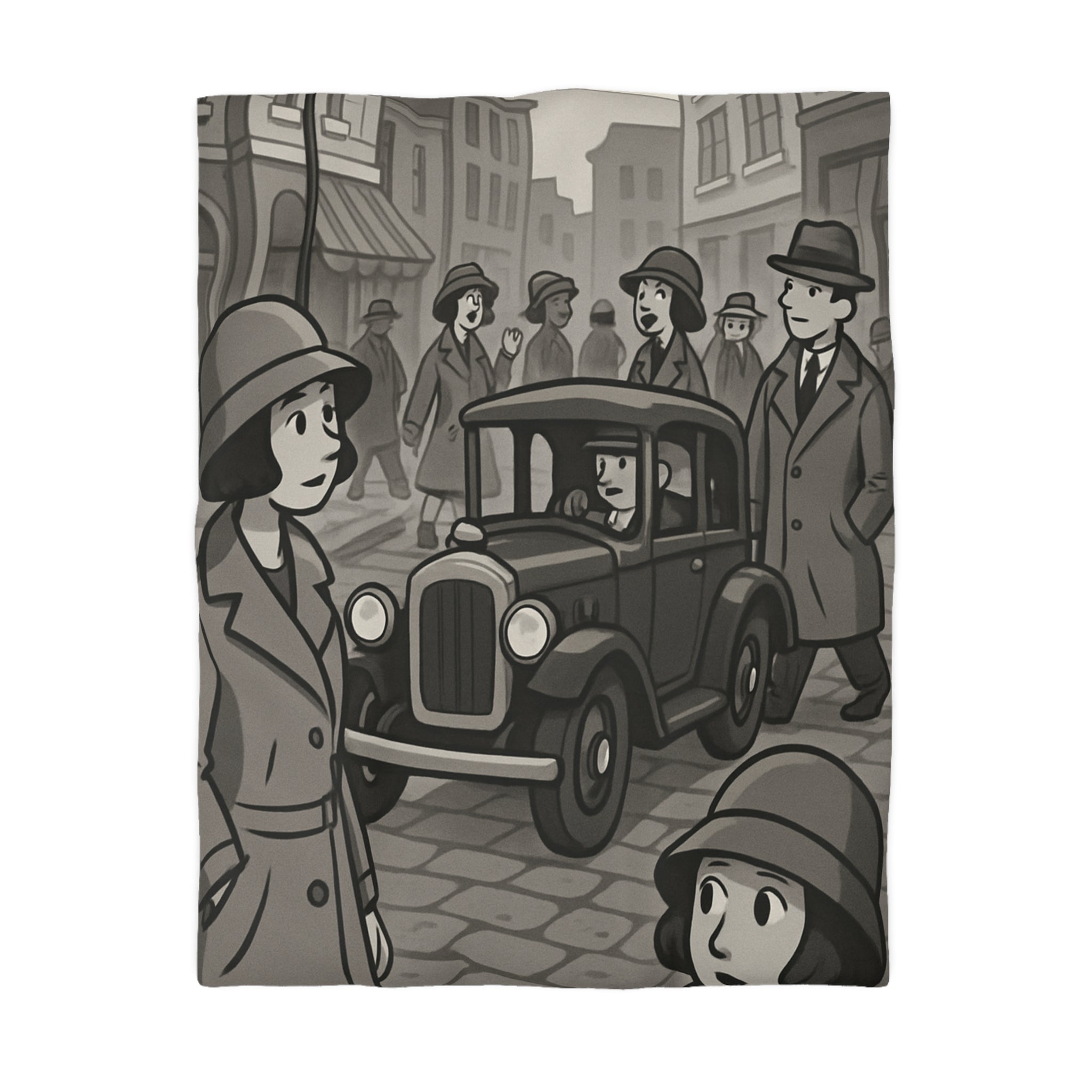 Housse de Couette Vintage avec Rue Animée et Voiture des Années 1930