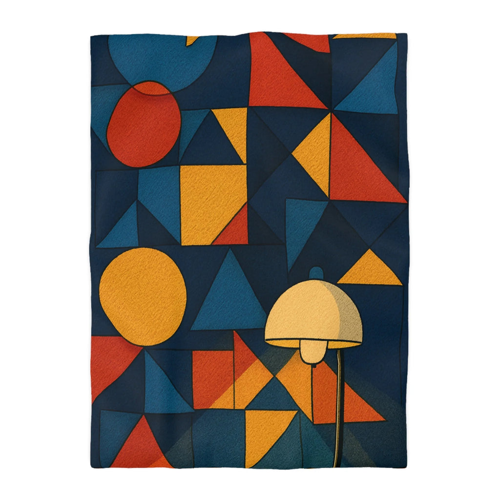 Housse de couette géométrique moderne multicolore avec motifs rétro et ambiance chaleureuse éclairée