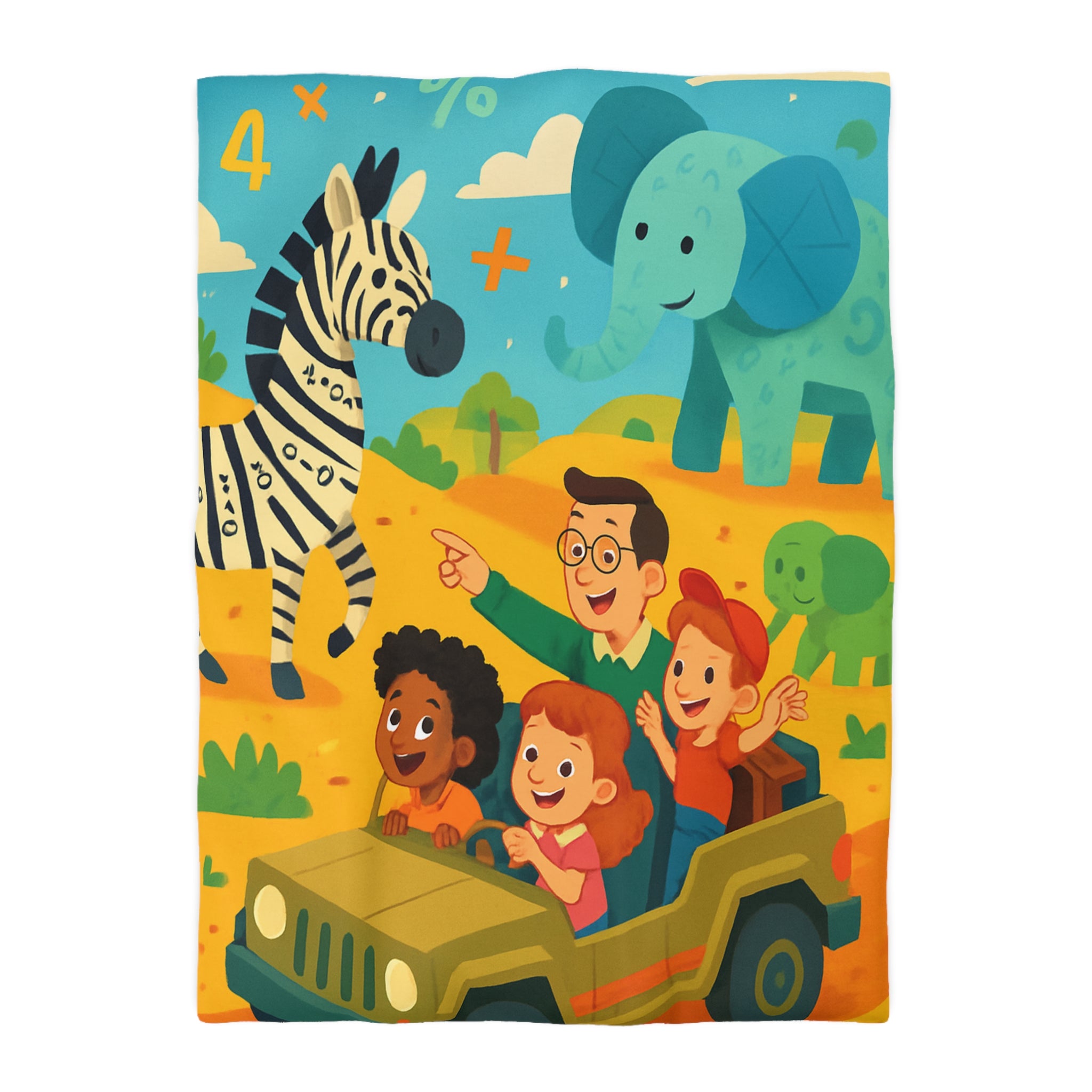 Housse de Couette Safari Éducatif avec Animaux Colorés et Enfants en Aventure