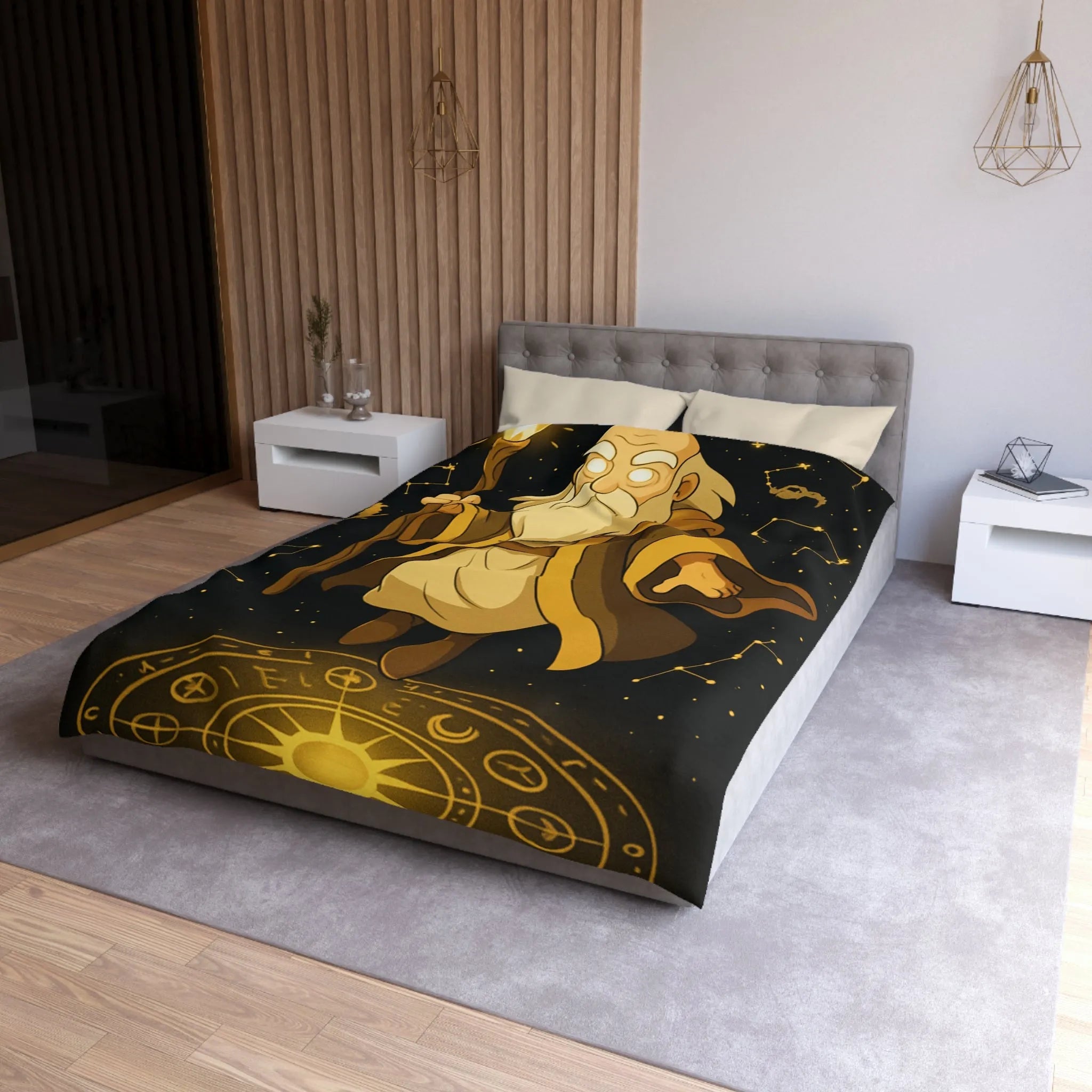 Housse de couette avec magicien illuminé et constellations dorées pour chambres enchantées