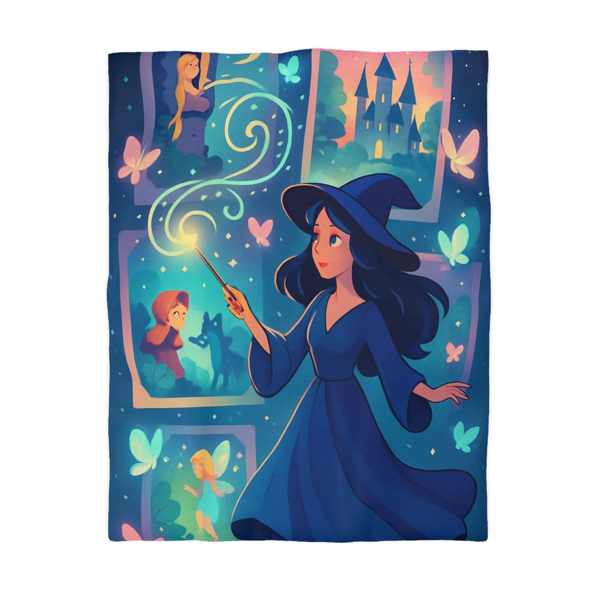 Housse de couette féérique avec sorcière et papillons dans un univers enchanteur pour enfants