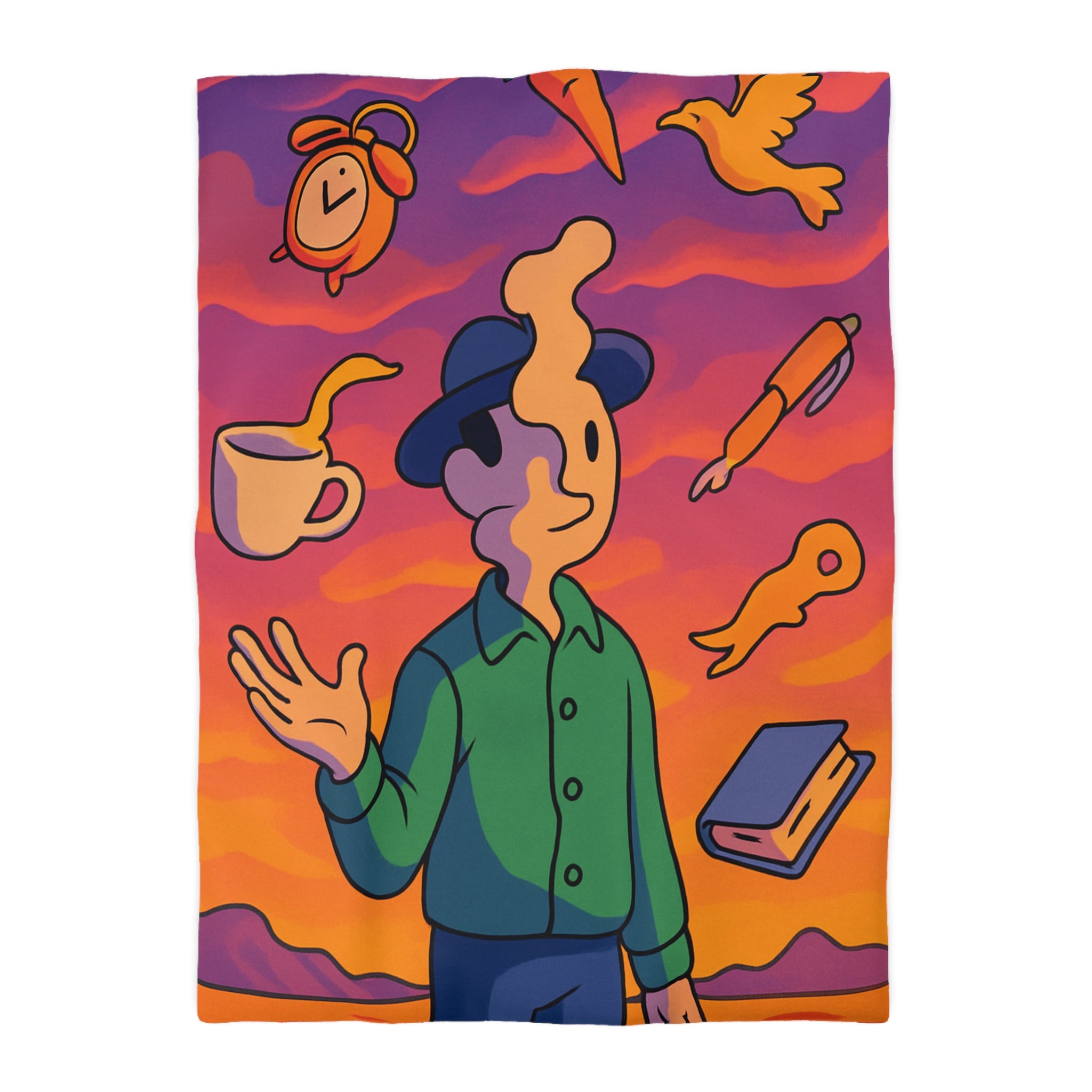 Housse de Couette Unique avec Design Surréaliste et Éléments Symboliques Vifs et Colorés