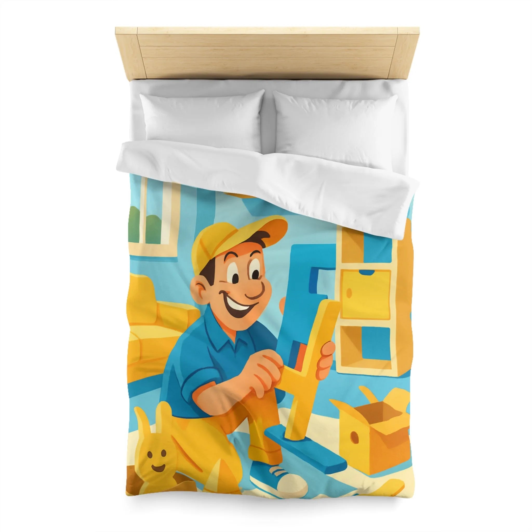 Housse de couette colorée avec personnage joyeux assemblant des jouets dans une pièce ensoleillée