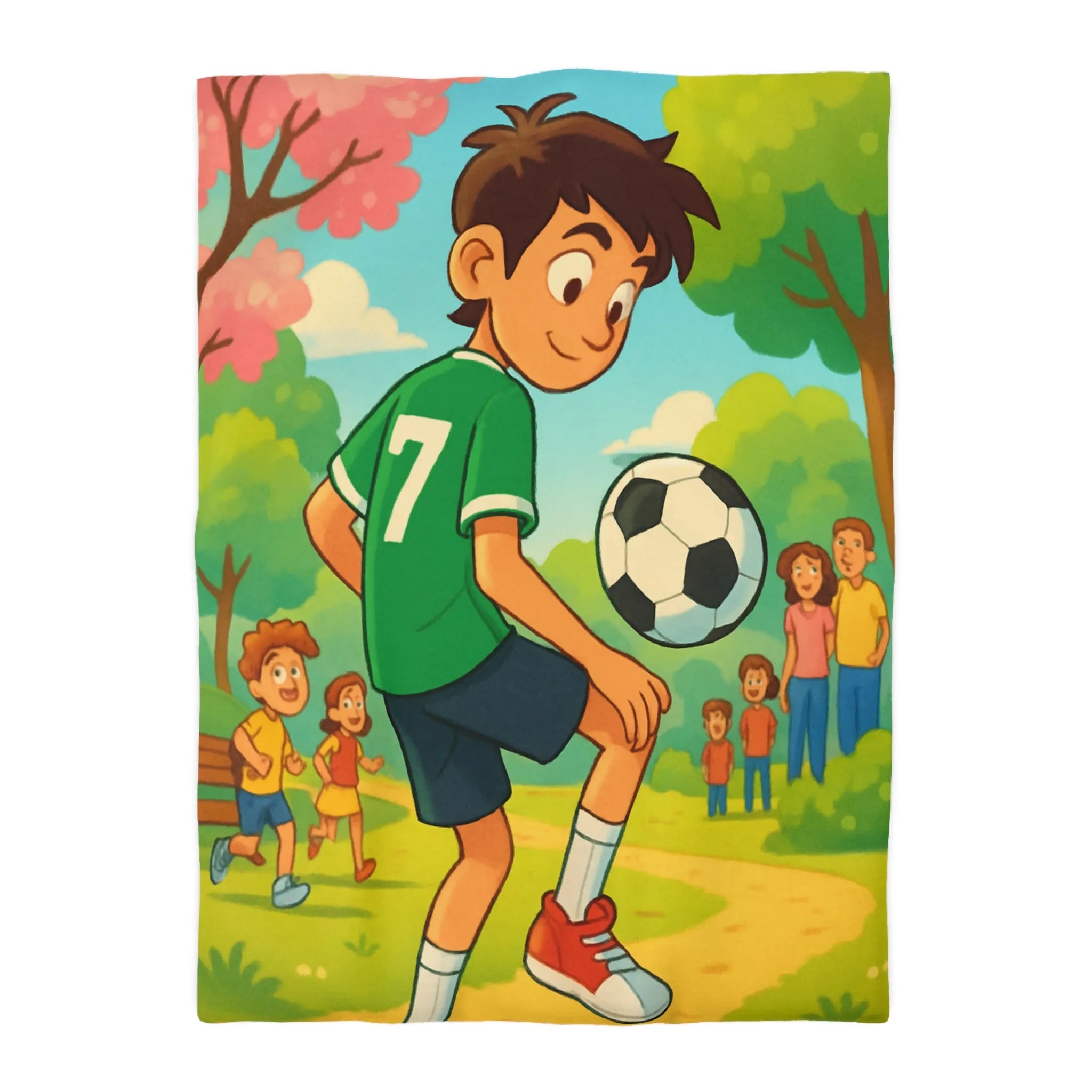 'Housse de couette enfant : garçon jouant au football dans parc coloré et animé'