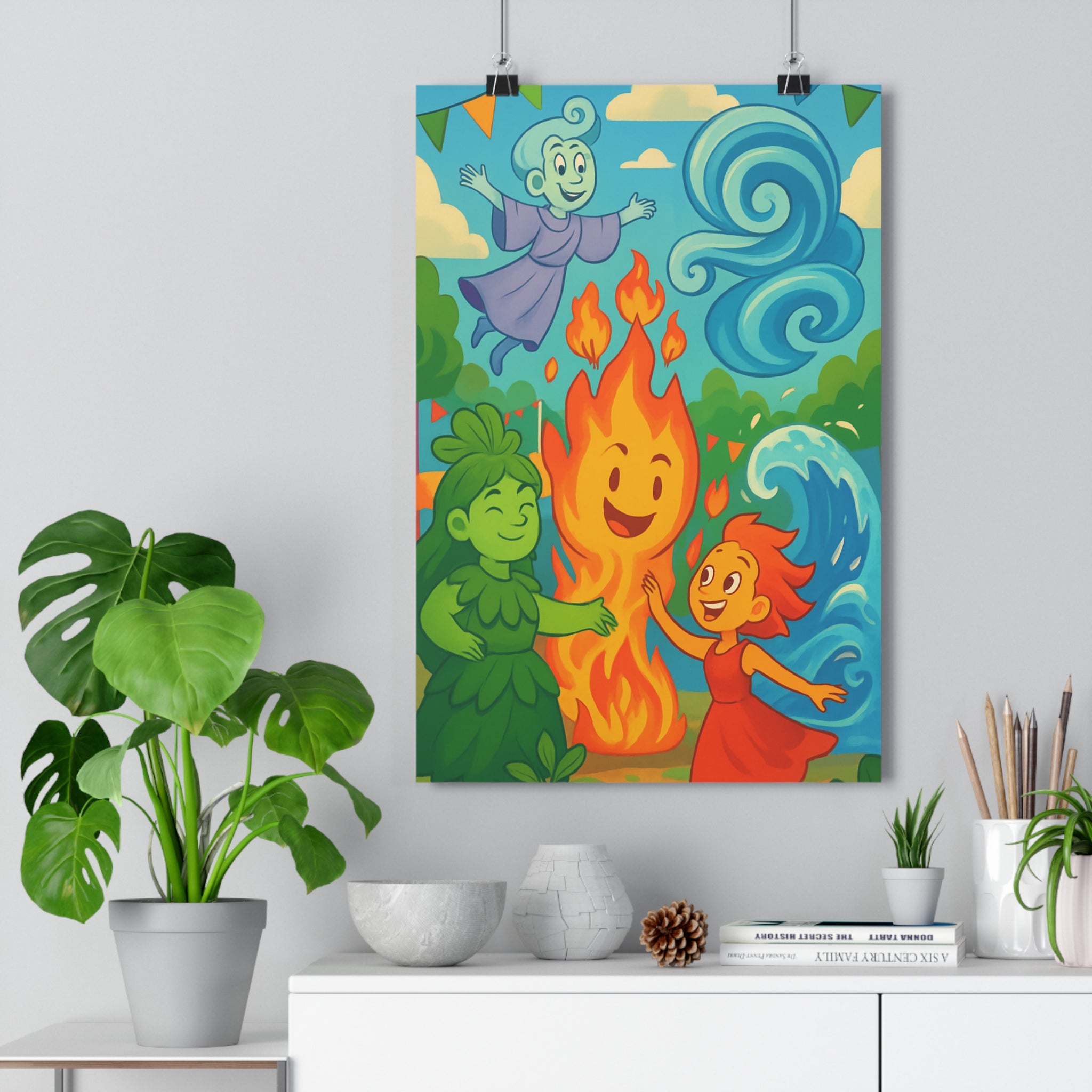 Poster décoratif cartoon joyeux bleu vert rouge chambre enfant magique éléments naturels ludique festival