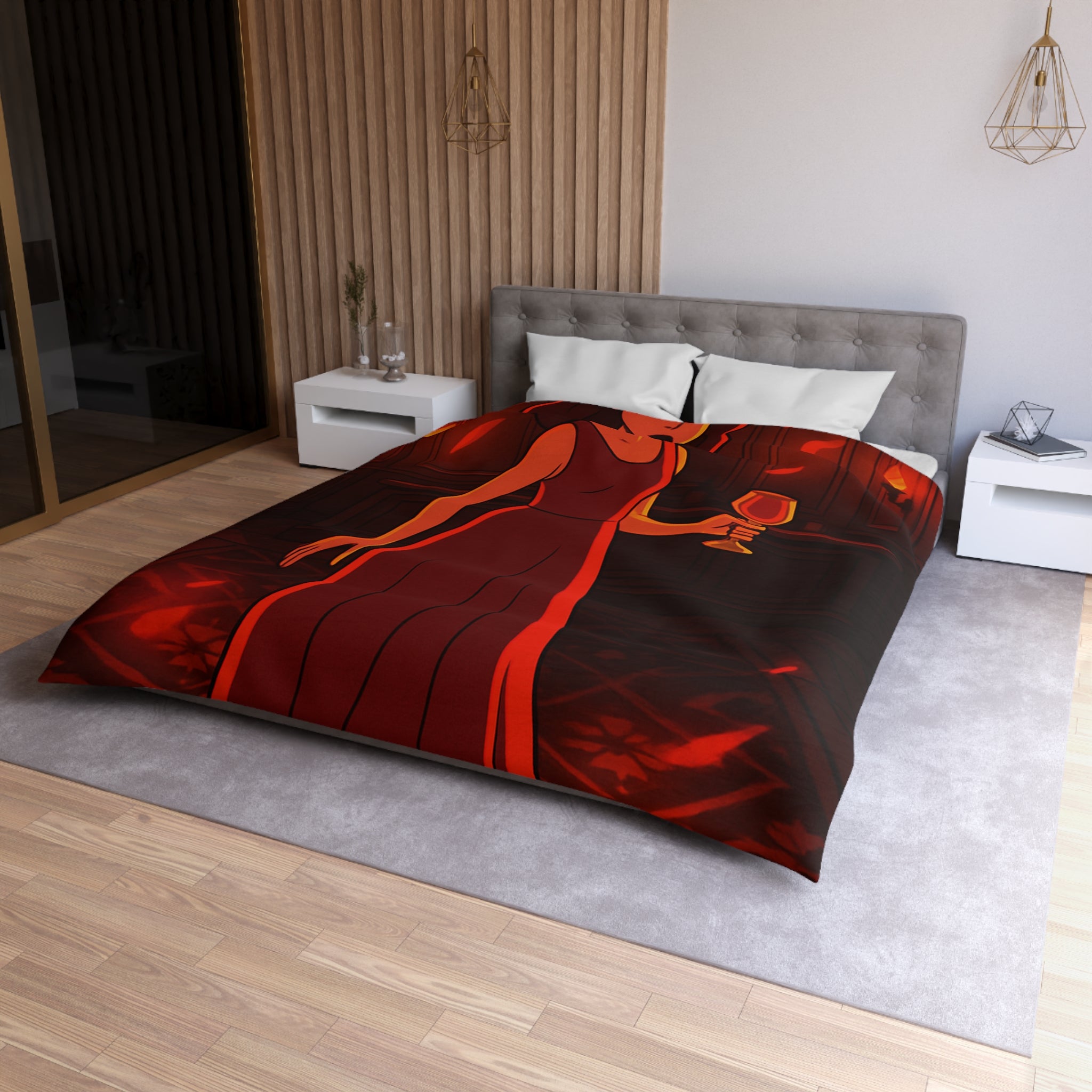 Housse de couette rouge élégante avec motif femme et reflets lumineux mystérieux