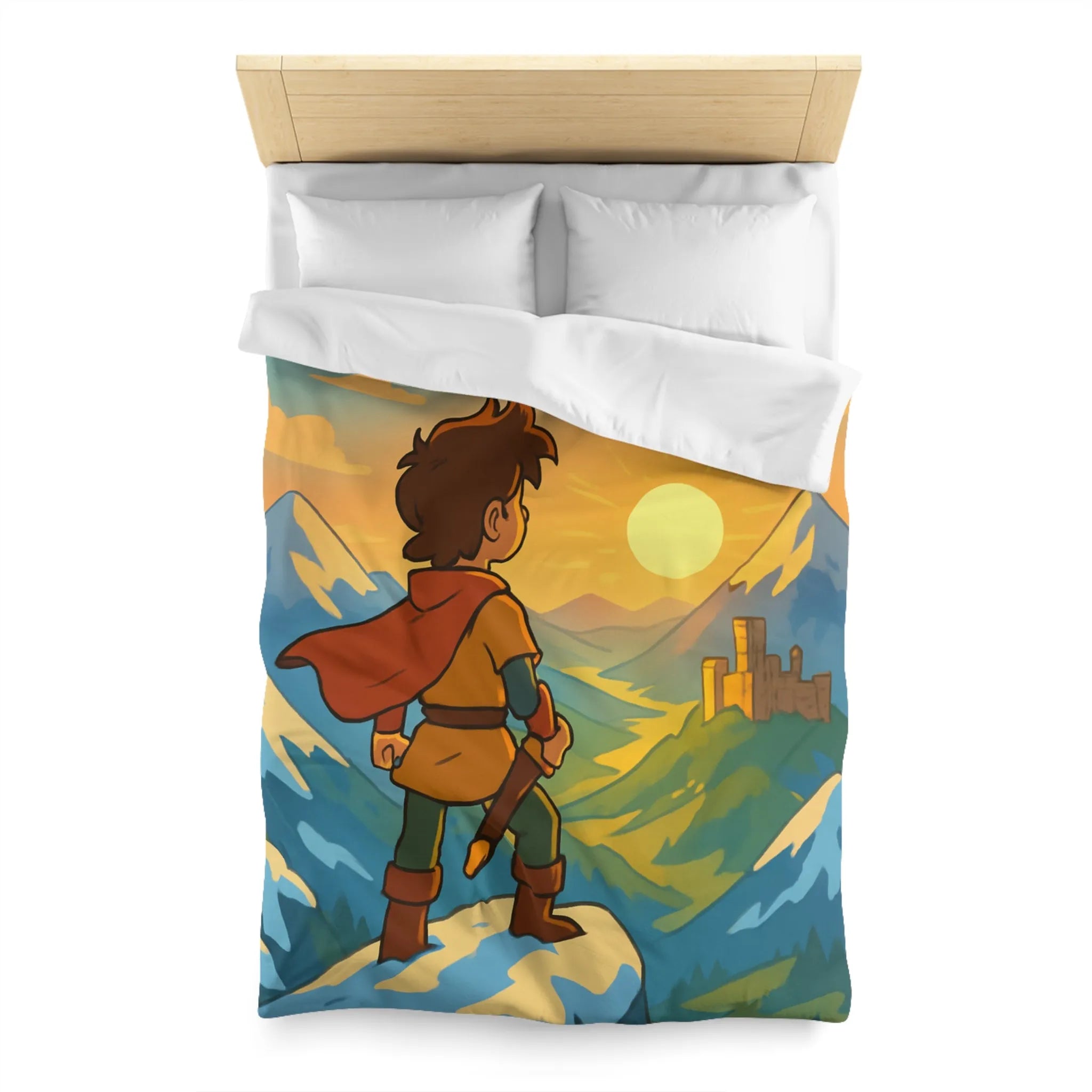 Housse de couette avec paysage montagneux, jeune aventurier et châteaux au coucher de soleil
