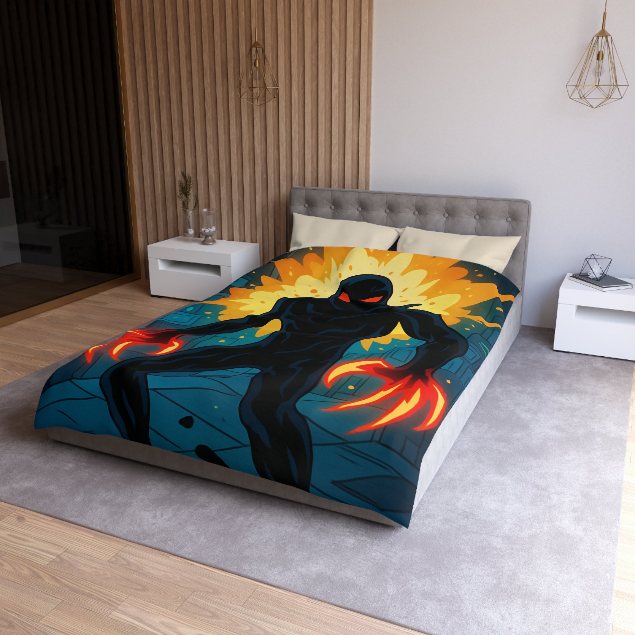 Housse de couette sombre avec créature enflammée aux griffes lumineuses