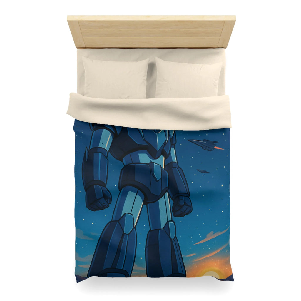 Housse de couette avec illustration rétro robot géant dans l'espace étoilé fascinant