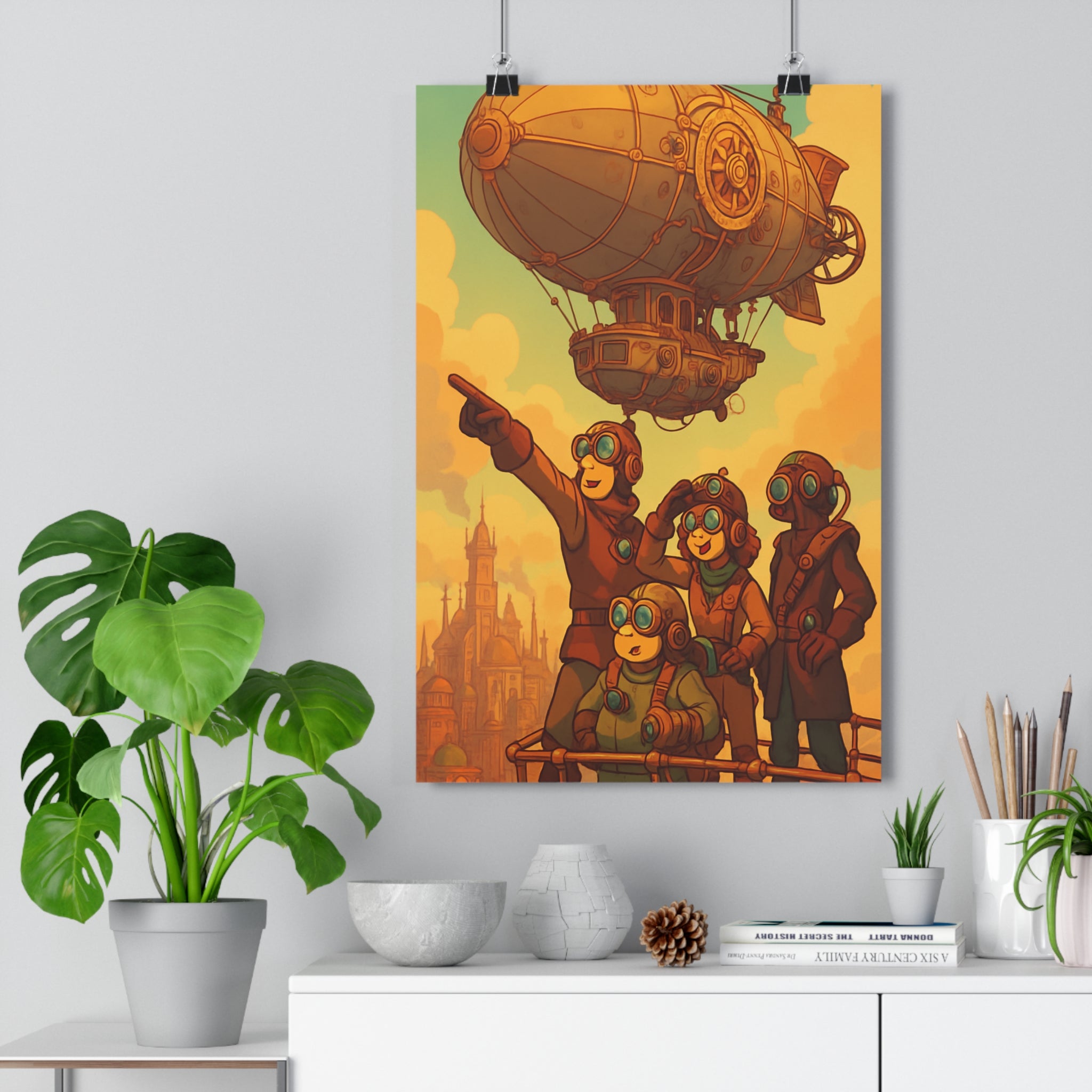 Poster décoratif cartoon steampunk rétrofuturiste aventure tons sépia salon chambre bureau explorateur dirigeable personnages