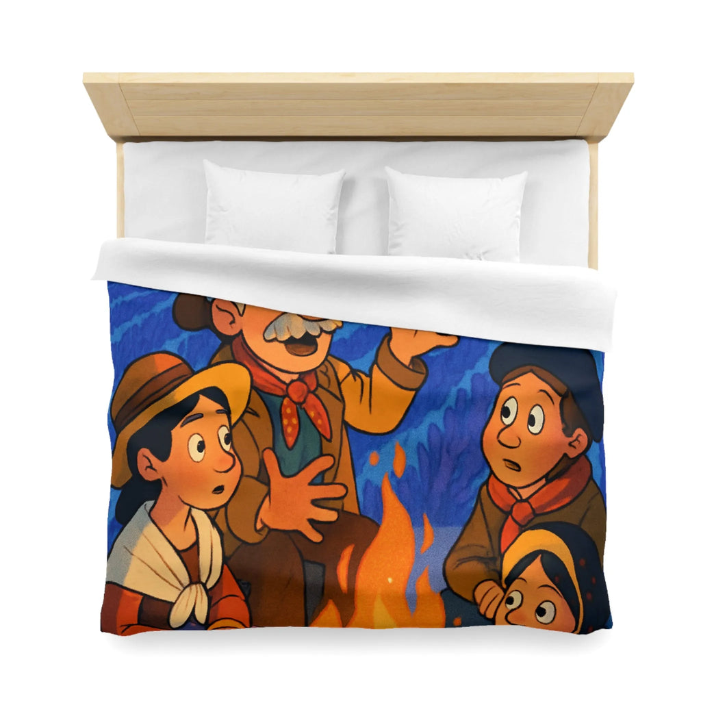 Housse de couette colorée avec scène animée racontant une histoire sous les étoiles