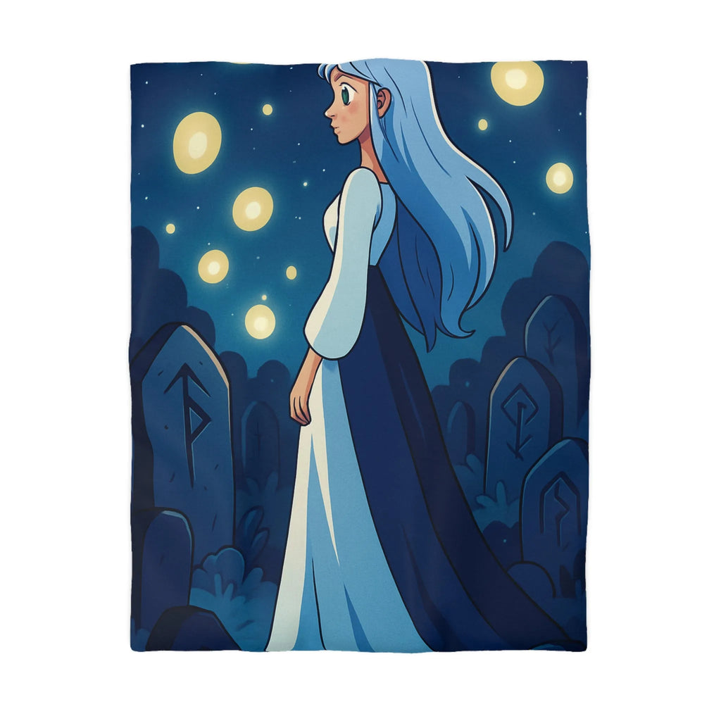 Housse de couette avec femme éthérée dans un cimetière éclairé par des lucioles mystiques
