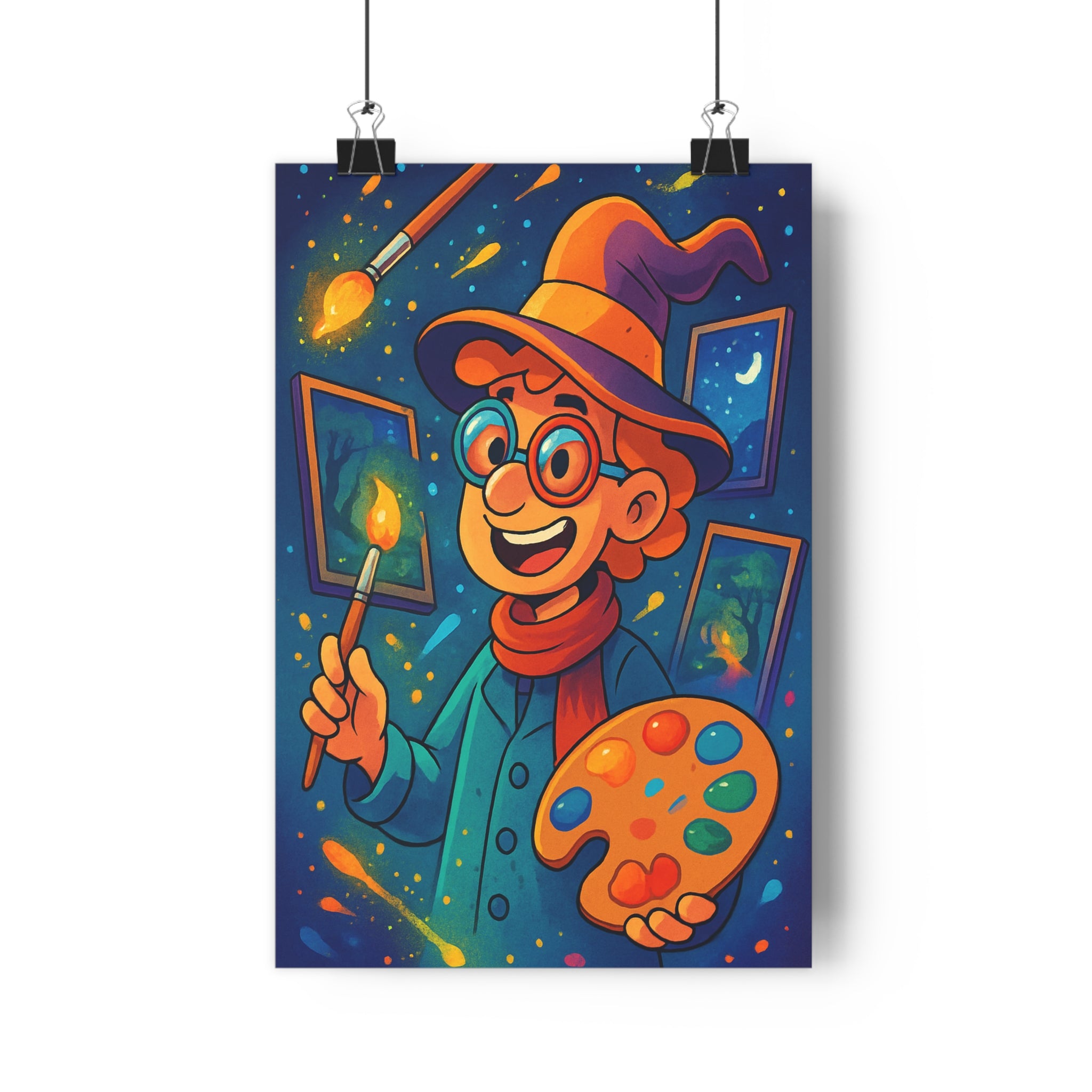 Poster décoratif enchanté lumineux joyeux artistique bleu orange jaune chambre enfant magique fantaisiste étoilé