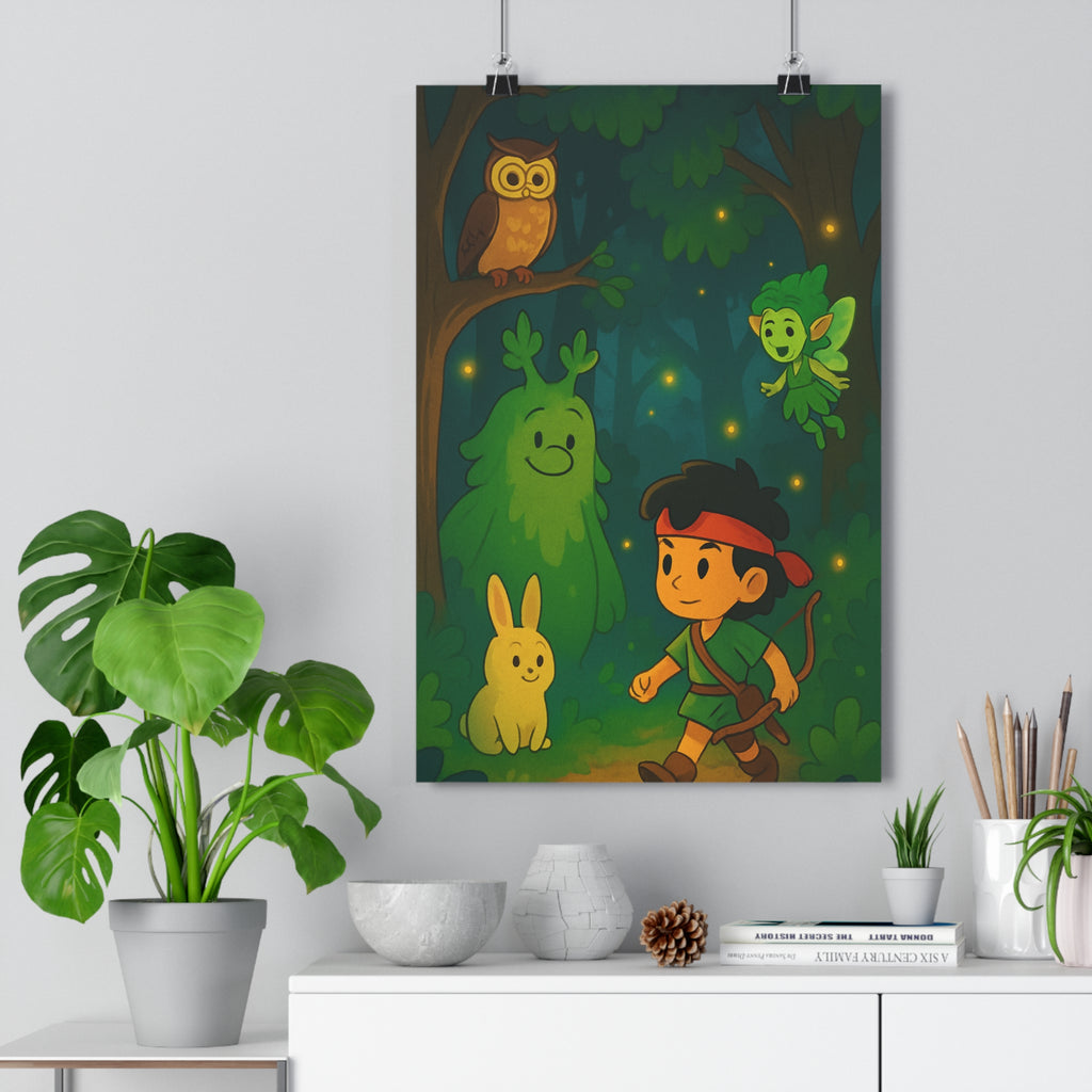 Poster décoratif cartoon vert brun aventure joyeux enfant chambre forêt féerique créatures magiques chaleureux