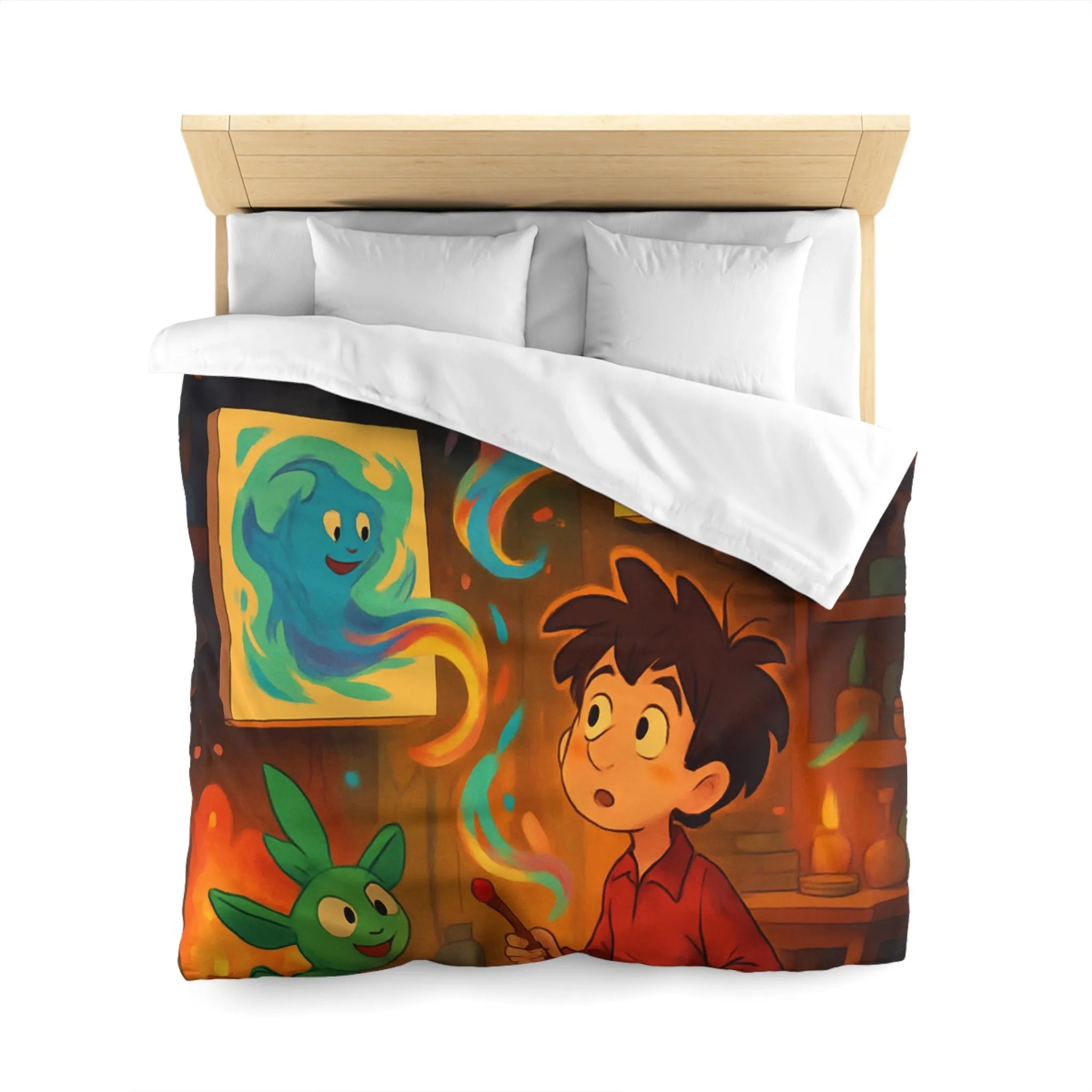 Housse de couette magique illustrant un artiste jeunesse avec créatures fantastiques et peintures lumineuses
