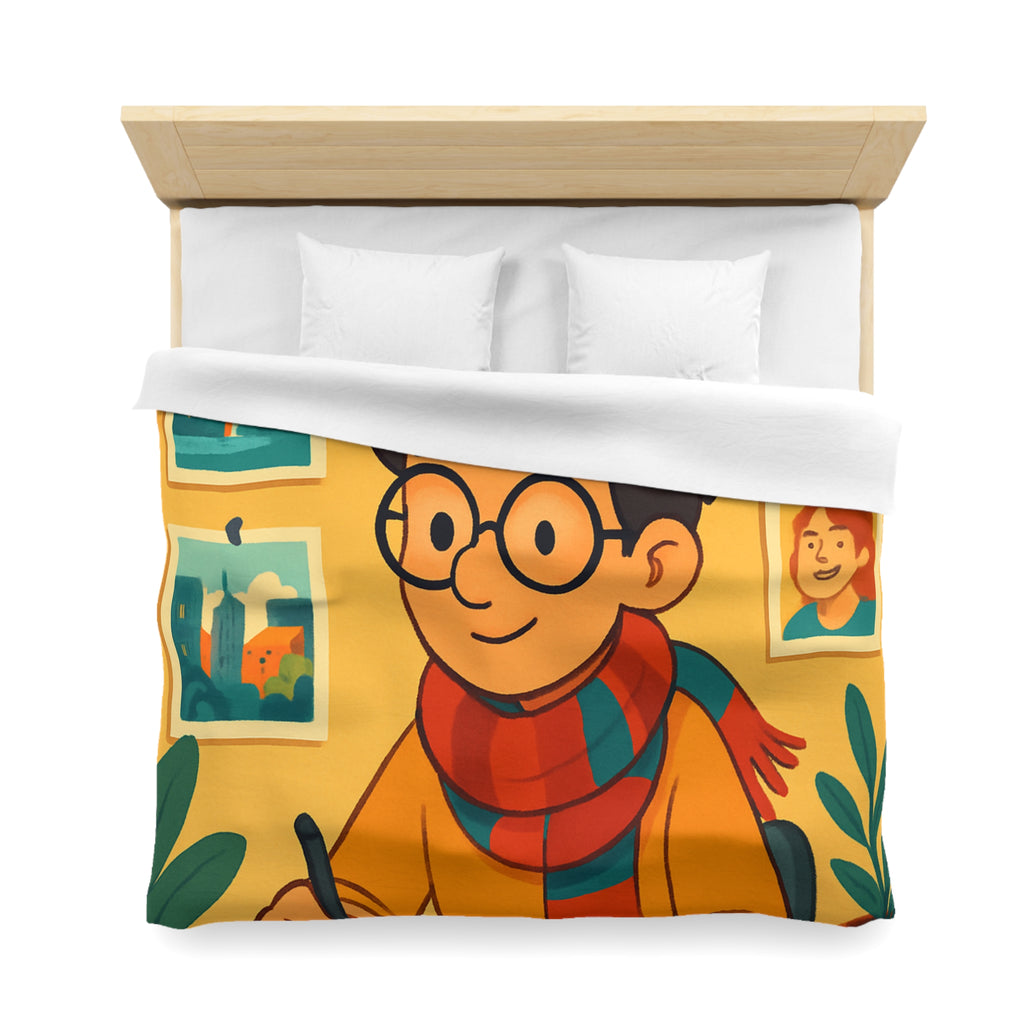 Housse de couette moderne avec illustrations colorées d'artiste travaillant dans un studio créatif