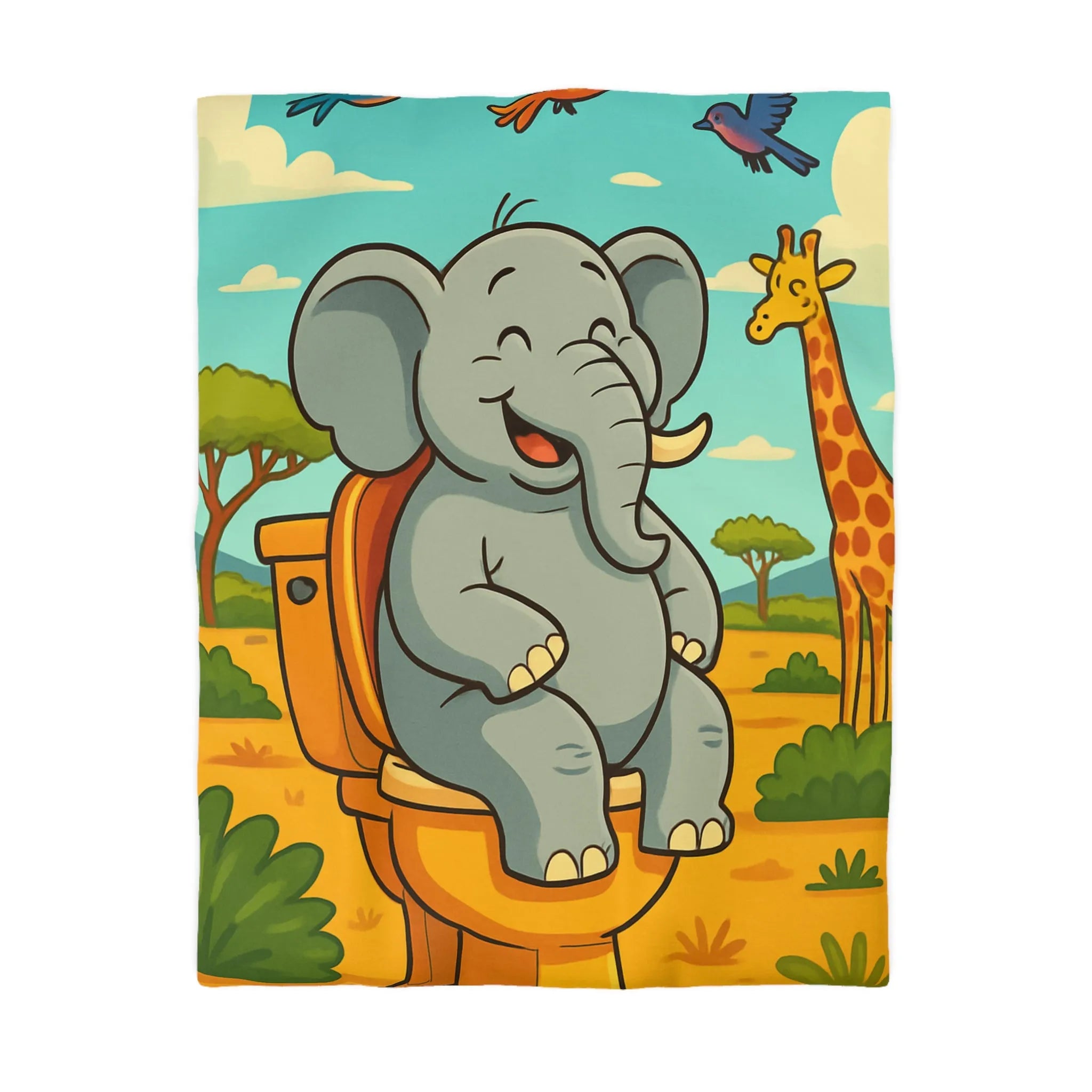 Housse de couette joyeuse éléphant sur toilettes en pleine savane colorée