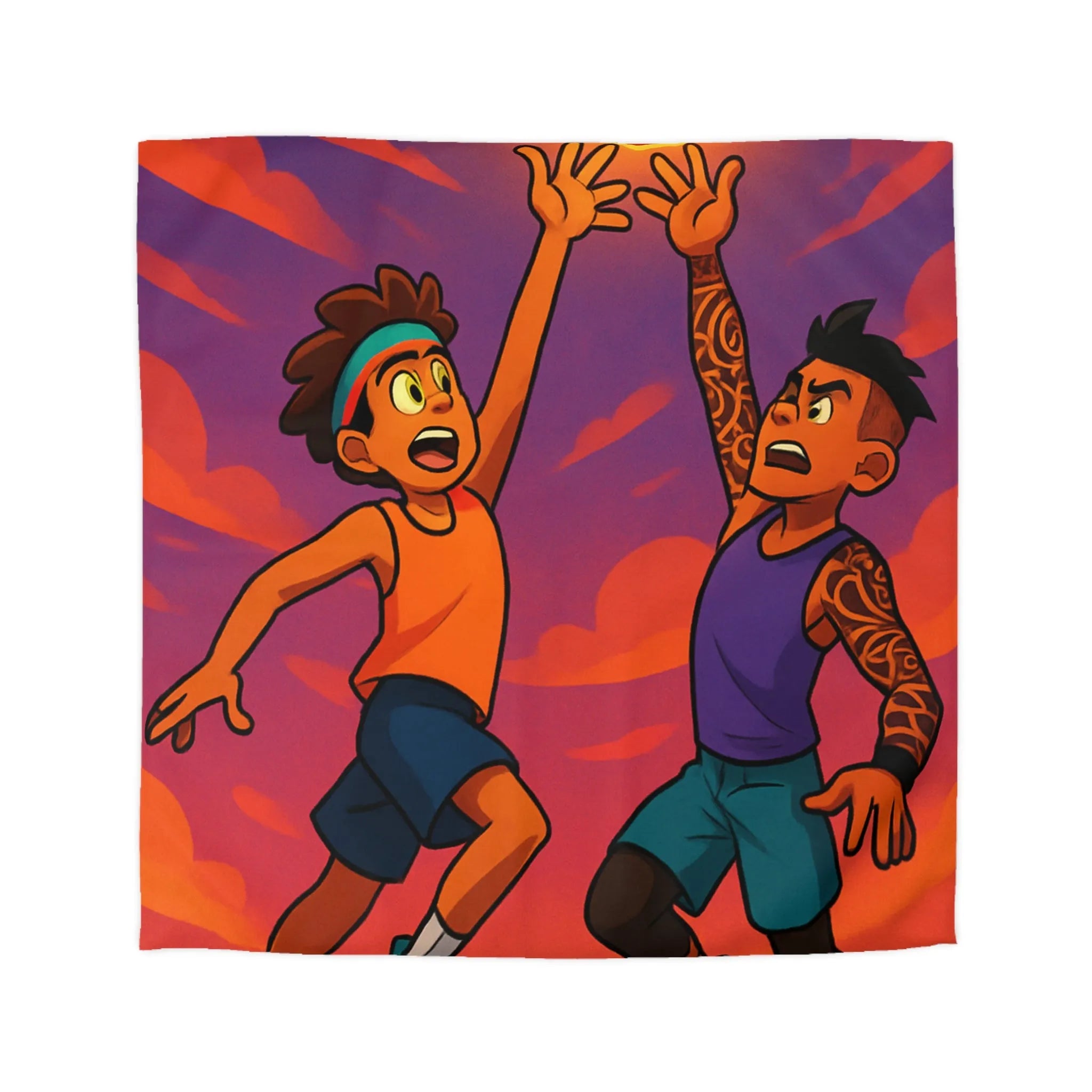 Housse de couette basketball, style dessin animé, coucher de soleil dynamique énergique