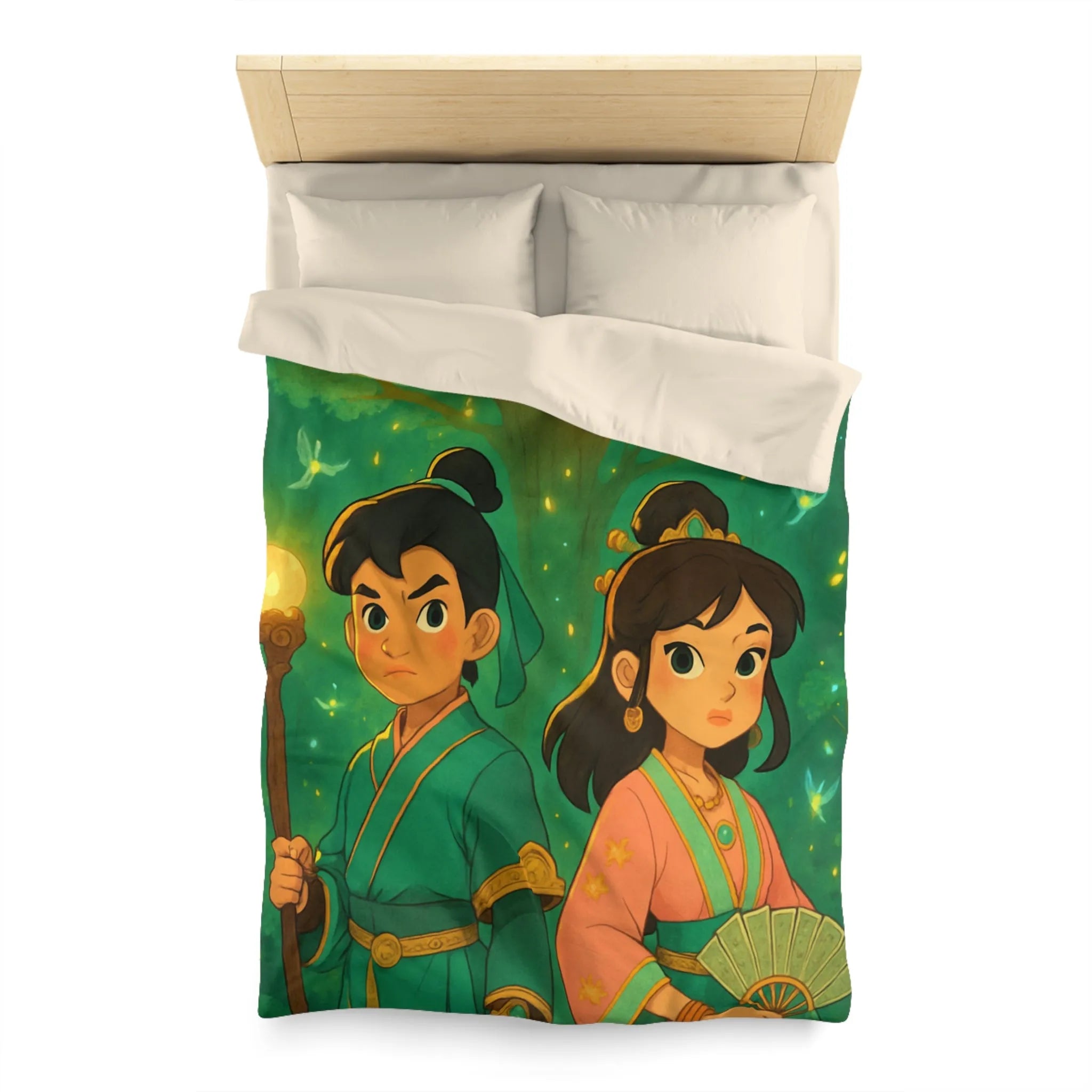 Housse de Couette Féérique Enfants avec Arbre Lumineux et Personnages Style Fantasy Coloré