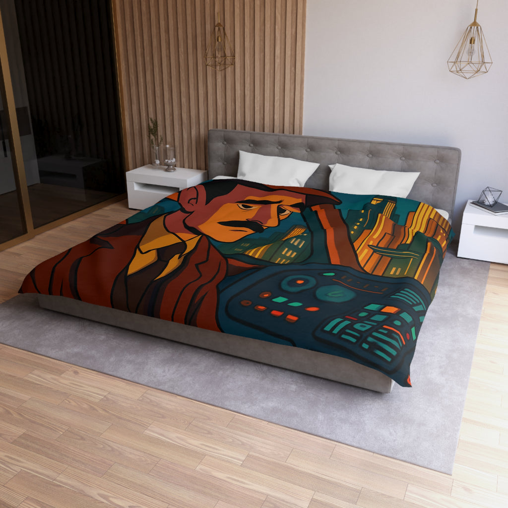 Housse de couette rétro-futuriste avec illustration de ville et pilote dans vaisseau