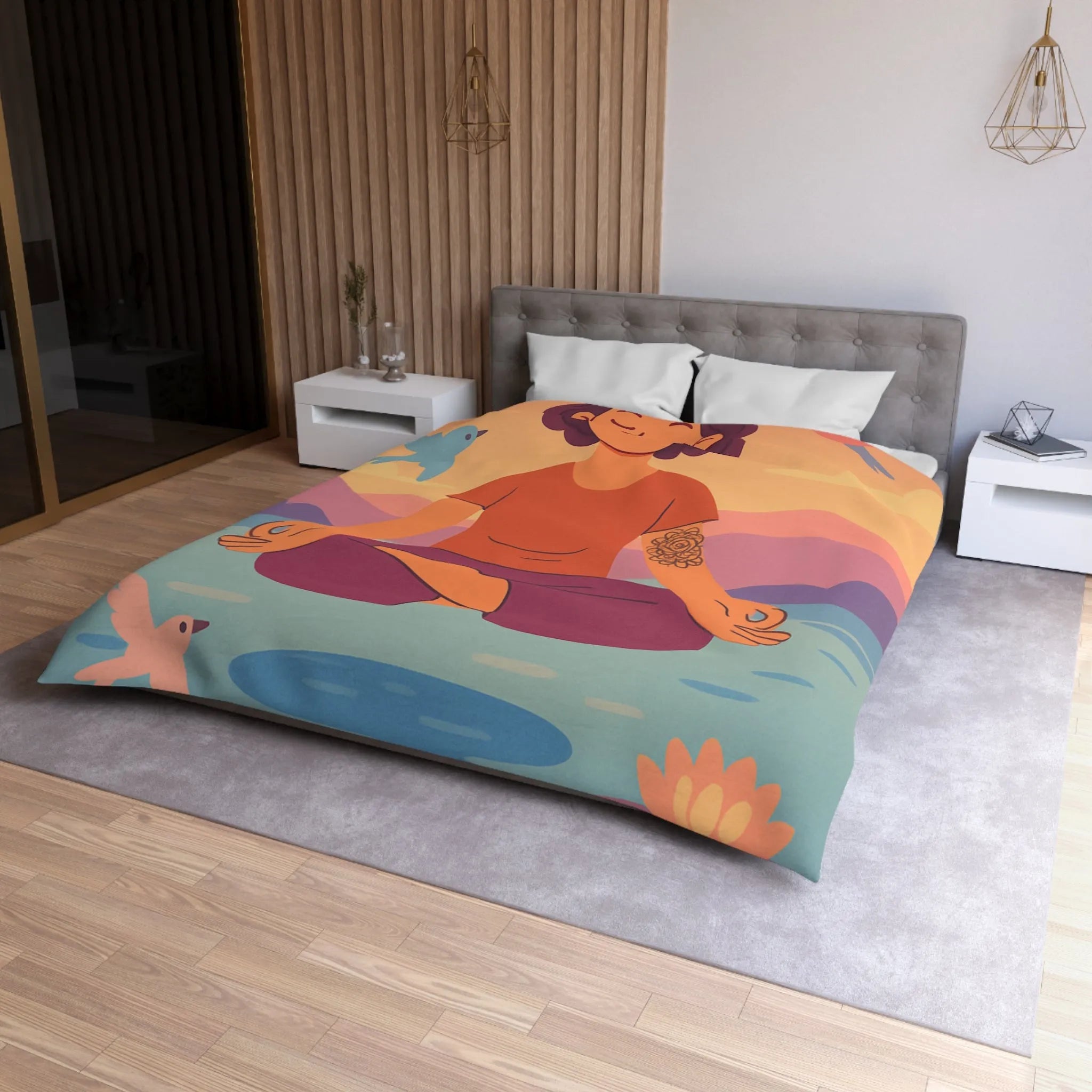 Housse de couette méditative avec motifs paisibles de nature et oiseaux colorés