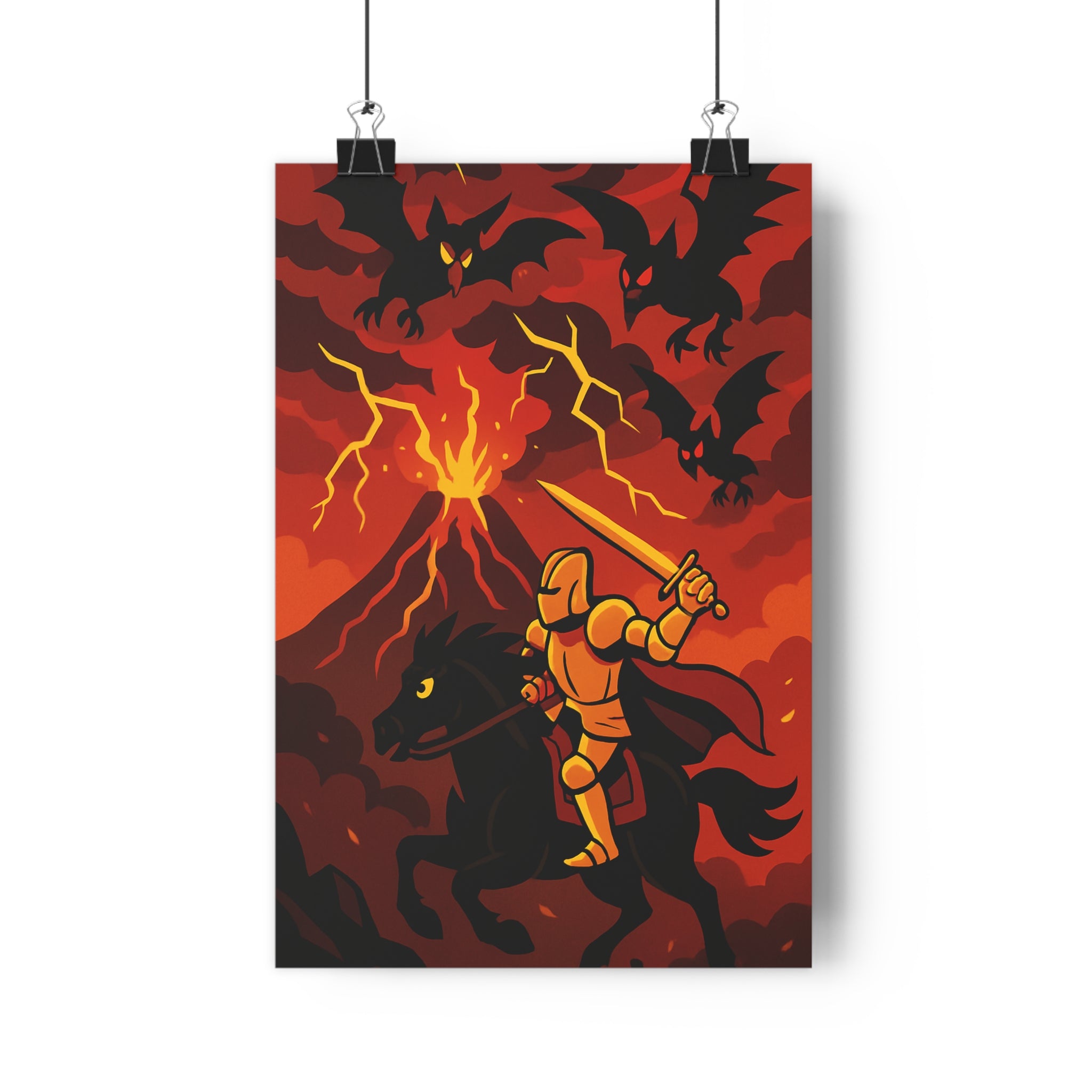 Poster décoratif chevalier épique cartoon rouge jaune intense salon chambre aventure créatif mural qualité