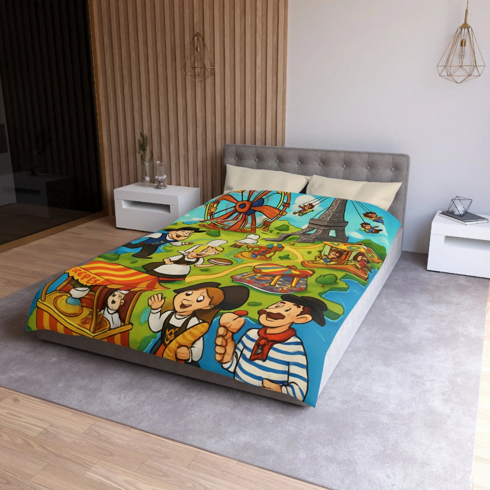 Housse de couette illustrant l'amusement et la culture française dans un parc coloré