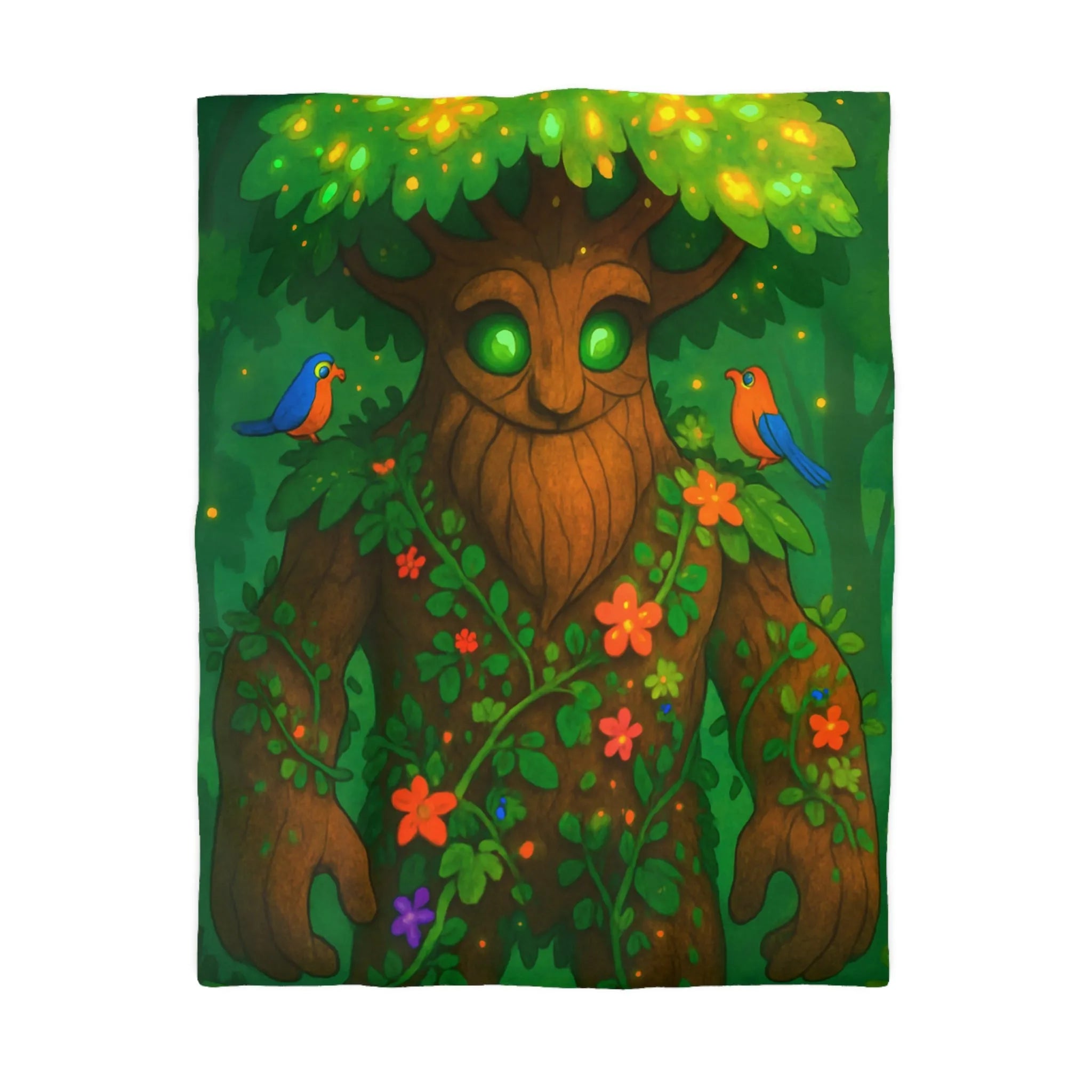 Housse de couette magique avec créature arborescente et oiseaux colorés en forêt enchantée