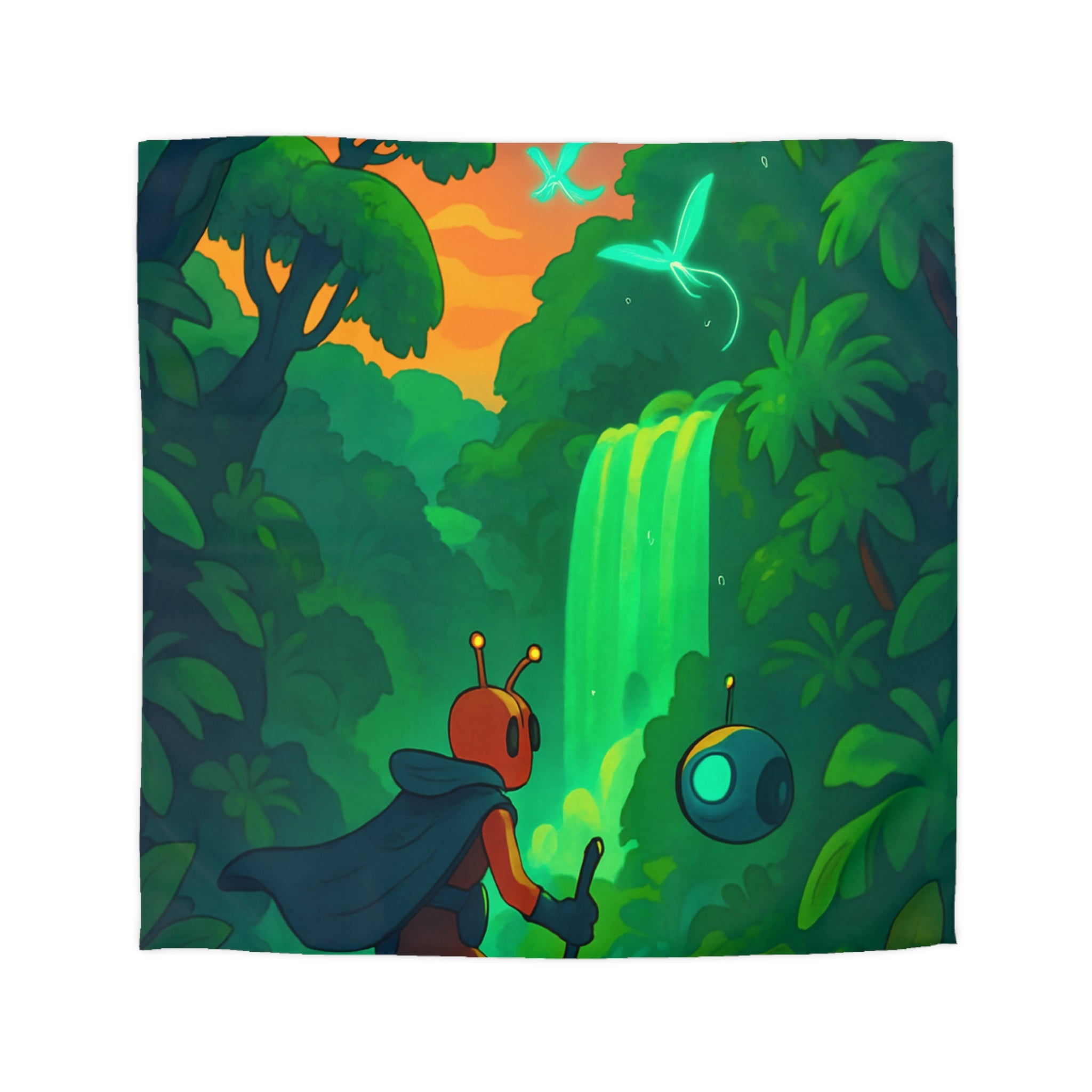 Housse de couette vibrante avec paysage extraterrestre mystérieux et personnage aventurier