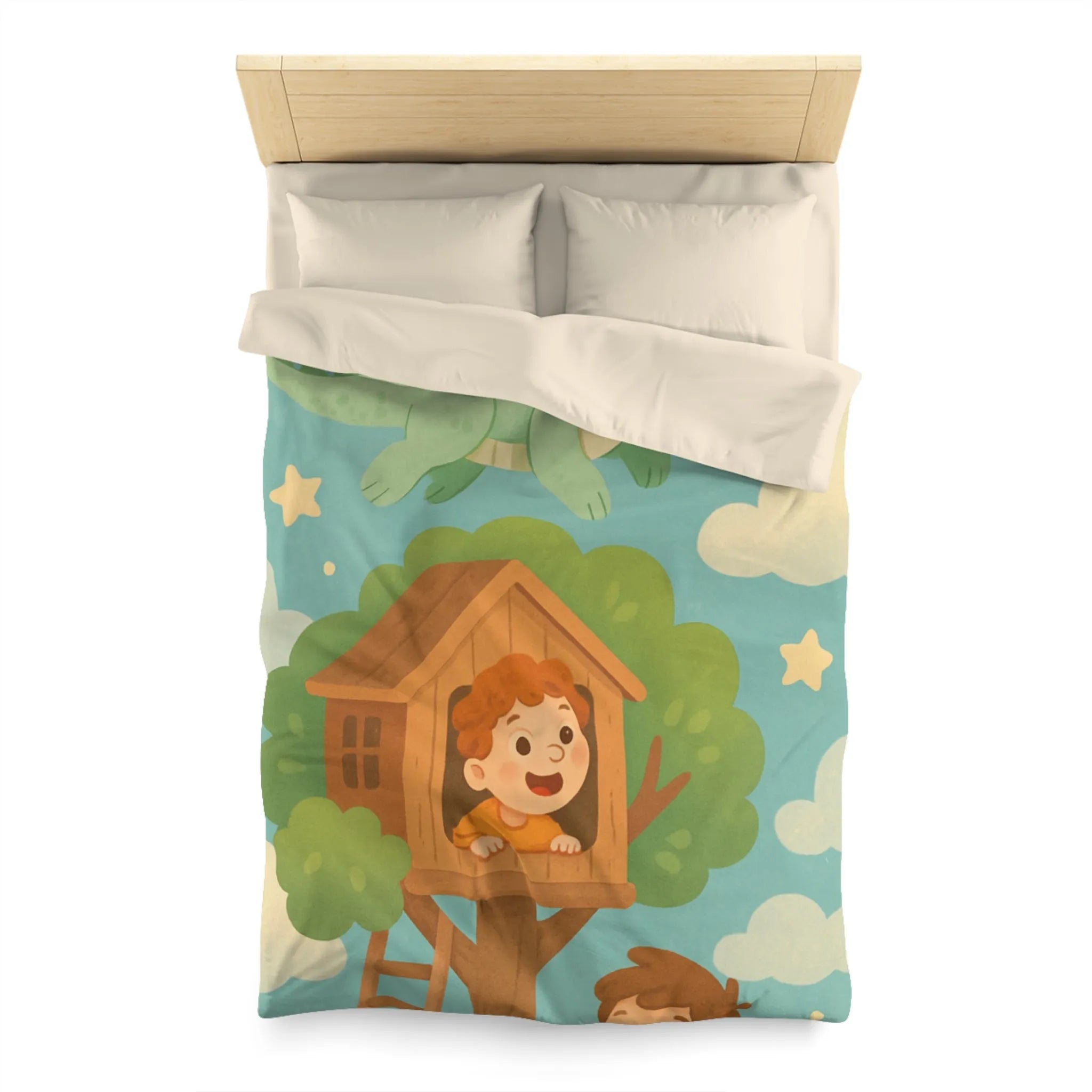 Housse de Couette Enfant Colorée avec Dragon, Maisonnette Arbre et Étoiles Féeriques