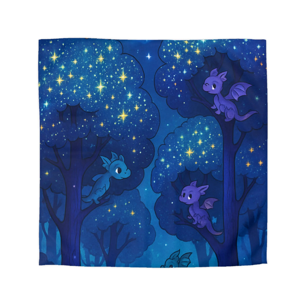 Housse de couette forêt nocturne enchantée avec dragons colorés et ciel étoilé