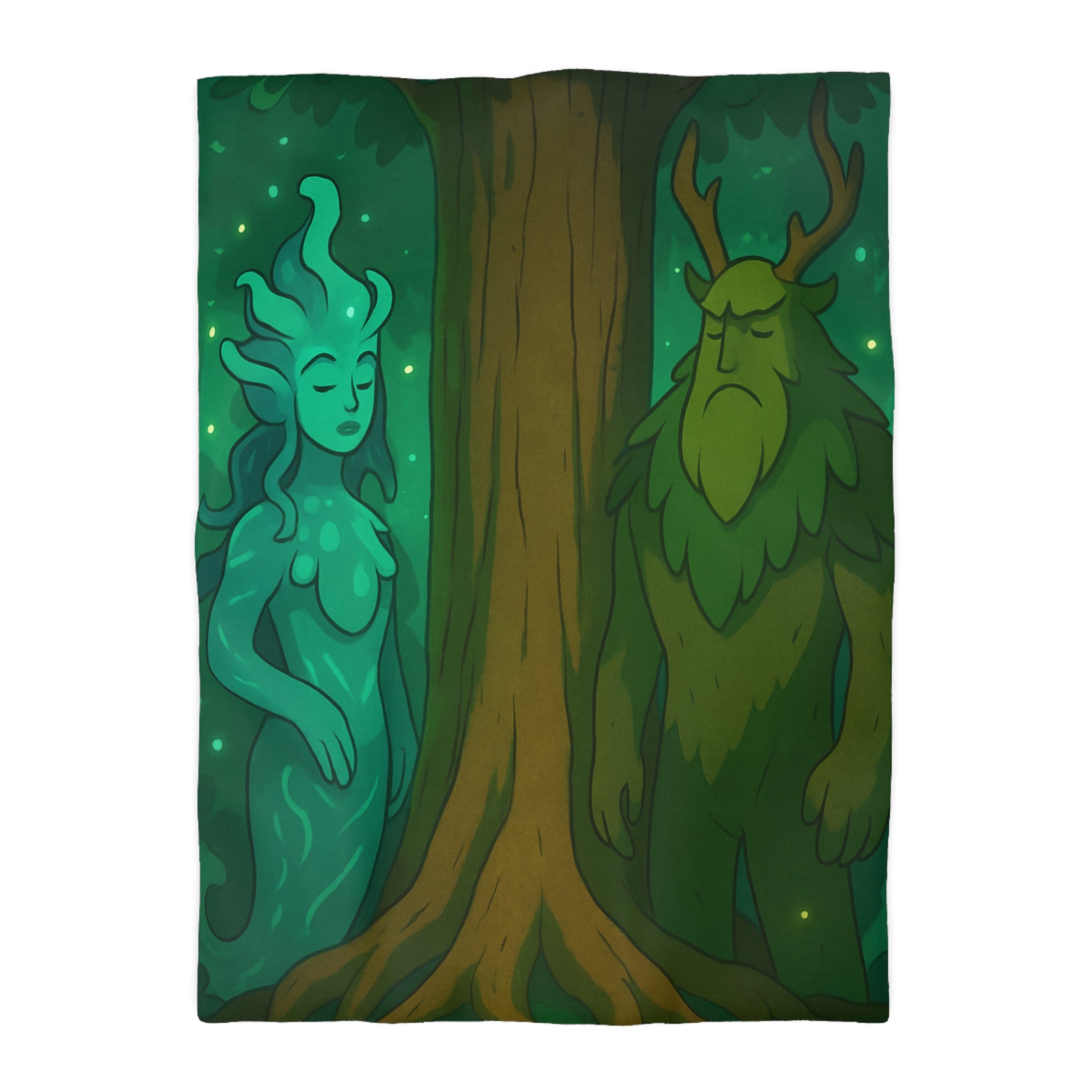 Housse de couette mystique forêt avec figures élémentaires, arbre central et ambiance sereine