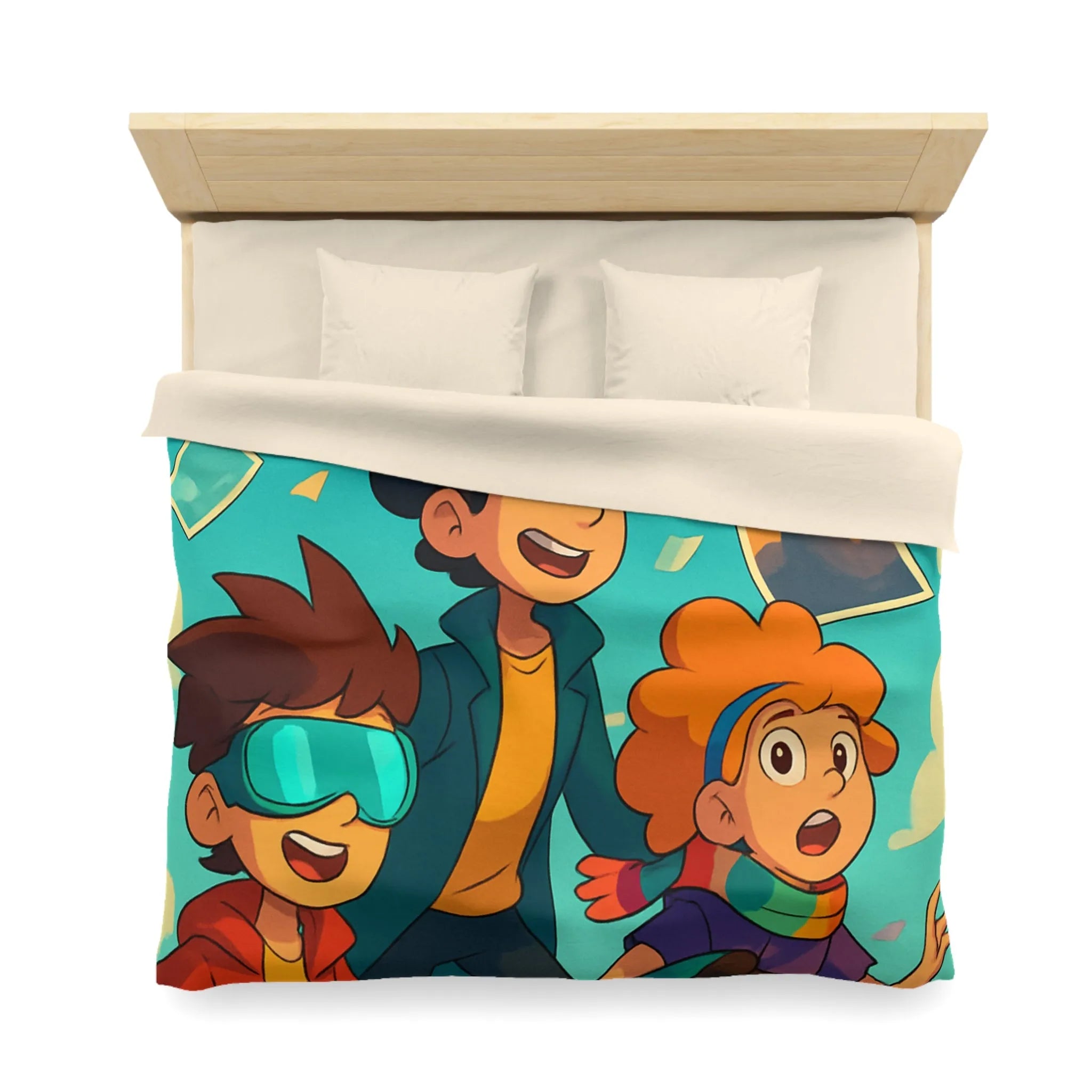 Housse de couette colorée avec enfants explorateurs et illustrations de paysages flottants